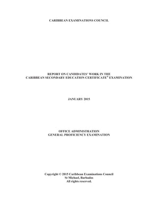 6
Favourable answers for services offered by the bank included travellers’ cheques, money
transfers, credit cards, ATM services, e-banking and financial advice.
Correct responses provided for the travel agency included flight arrangements, hotel bookings,
tour bookings, and transportation/car rentals.
Expected responses for services offered by the embassy included scheduling appointments for
interviews, assisting citizens with visa requirements and notarizing documents during normal
service hours.
For Part (c), candidates were required to prepare a list of three tasks that must be performed to
ensure that appropriate hotel arrangements are made for an executive who will be attending a
regional conference for a specified period. This part of the question was worth three marks.
Among the tasks that candidates listed included the name of person for booking, type of room
accommodation, length of stay, food preferences and payment plan.
For Part (d), candidates were required to prepare an itinerary using the information given in the
scenario. This section was worth five marks and was satisfactorily done. The majority of
candidates were able to convert to the 24-hour clock and provide details of dates and times of
arrival at and departure from the various destinations. However, a major weakness identified in
this part of the question was that some candidates failed to head up the itinerary to include the
name of the document (itinerary), the person for whom the itinerary was being prepared and the
period for travel.
Marks for this question ranged from 0 to 15 and the mean was 8.95.
Question 4
This question was designed to test candidates’ knowledge of job recruitment and resignation
procedures.
For Part (a), candidates were required to list three factors which should be considered when
seeking employment based on a particular scenario. Popular among the correct responses
provided by candidates were type and size of business, working hours, salary, fringe benefits,
location, qualifications/skills required and working hours.
For Part (b) (i), which was worth one mark, many candidates failed to give a correct definition of
deportment and instead provided definitions for ‘deport’ or ‘deportee’. Those candidates who
earned the mark gave responses such as the ability to conduct oneself in an acceptable manner,
one’s behaviour/actions in public, one’s appearance and dress.
For Part (b) (ii), candidates were required to state three fringe benefits that an employer may offer
to an employee. This part of the question was worth three marks. Candidates scored well on this
 