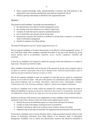 - 13 -
Bibliography
Many students did not score full marks in this area as they failed to include the internet sites which should
comprise the following:
Name of author, date posted, title of article, retrieved by, date retrieved and website address, for example,
http…
Publications List: A specific format should be used consistently as in the case of the APA or MLA styles
Presentation
Most projects were satisfactorily presented, neatly arranged and accurately word processed. Marks ranged
from 0 to 50. The mean score was 32.89, compared with 34.29 in June 2011.
RECOMMENDATIONS
Students should be given access to a reference copy of the current detailed mark scheme (as submitted in
the marking exercise).
Mark schemes should not be condensed as moderators need to see how marks were allotted
Students should be consistently monitored throughout the project to ensure that the project is done
correctly and that the stipulated guidelines in the current syllabus are being pursued.
 