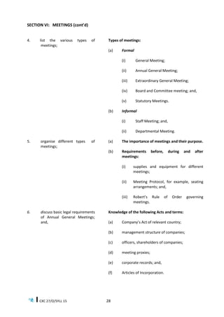 CXC 27/O/SYLL 15 28
SECTION VI: MEETINGS (cont’d)
4. list the various types of
meetings;
Types of meetings:
(a) Formal
(i) General Meeting;
(ii) Annual General Meeting;
(iii) Extraordinary General Meeting;
(iv) Board and Committee meeting; and,
(v) Statutory Meetings.
(b) Informal
(i) Staff Meeting; and,
(ii) Departmental Meeting.
5. organise different types of
meetings;
(a) The importance of meetings and their purpose.
(b) Requirements before, during and after
meetings:
(i) supplies and equipment for different
meetings;
(ii) Meeting Protocol, for example, seating
arrangements; and,
(iii) Robert’s Rule of Order governing
meetings.
6. discuss basic legal requirements
of Annual General Meetings;
and,
Knowledge of the following Acts and terms:
(a) Company’s Act of relevant country;
(b) management structure of companies;
(c) officers, shareholders of companies;
(d) meeting proxies;
(e) corporate records; and,
(f) Articles of Incorporation.
 