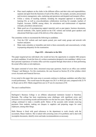 9
Candidates performed satisfactorily on this question and gave correct responses such as: shorts;
slippers/sandals/shoes with straps; large earrings; tight/short revealing shorts/jeans; sun glasses on top
of your heads and leggings.
Question 6
Candidates were required to state questions the prospective employee could ask to increase his/her chance
of getting a job. Most candidates were able to respond correctly and gave answers such as:
· What are the prospects for promotion?
· What exactly does the job entail?
· What arrangements are there for vacation?
· If given the job, how soon will I be able to start?
· Are there opportunities for training?
Question 7
For this question, candidates were required to draft a copy of an appropriate thank you note to be sent to
the Human Resources Manager for an invitation to the interview.
The responses to this question were satisfactory. Some candidates included: a thank you comment using
an appreciative tone. They mentioned the position interviewed for and ended the note with the signature
of the applicant.
Question 8
This question required candidates to outline ways in which a welcome package can benefit a new
employee. The question was satisfactorily done with candidates giving responses such as:
· Helps build one’s information/knowledge base
· Encourages reading/communication/research skills
· Provides answers not generally given in an interview
· Gives information on organization’s structure and social activities
Question 9
Candidates were required to recommend ways in which management could improve the working
conditions for workers. This question was done satisfactorily. Candidates gave accepted responses such
as:
· Pay keen attention to suitable environment to enable employees to increase efficiency
· Purchase ergonomically-friendly furniture
· Provide adequate office space for flexible movements
· Position computers/monitors/adjustable chairs to promote proper posture, maximum support and
comfort
· Provide protective clothing to ensure safety and comfort
 