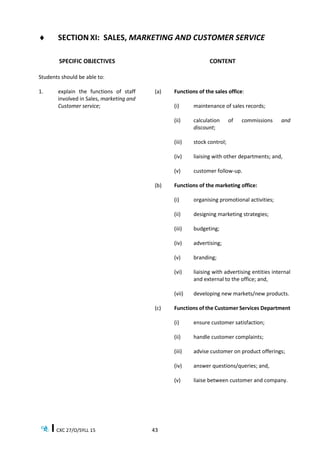 CXC 27/O/SYLL 15 43
 SECTION XI: SALES, MARKETING AND CUSTOMER SERVICE
SPECIFIC OBJECTIVES CONTENT
Students should be able to:
1. explain the functions of staff
involved in Sales, marketing and
Customer service;
(a) Functions of the sales office:
(i) maintenance of sales records;
(ii) calculation of commissions and
discount;
(iii) stock control;
(iv) liaising with other departments; and,
(v) customer follow-up.
(b) Functions of the marketing office:
(i) organising promotional activities;
(ii) designing marketing strategies;
(iii) budgeting;
(iv) advertising;
(v) branding;
(vi) liaising with advertising entities internal
and external to the office; and,
(vii) developing new markets/new products.
(c) Functions of the Customer Services Department
(i) ensure customer satisfaction;
(ii) handle customer complaints;
(iii) advise customer on product offerings;
(iv) answer questions/queries; and,
(v) liaise between customer and company.
 