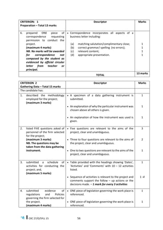 CXC 27/O/SYLL 15 56
CRITERION: 1
Preparation – Total 13 marks
Descriptor Marks
6. prepared ONE piece of
correspondence requesting
permission to conduct the
project.
(maximum 4 marks)
NB. No marks will be awarded
for correspondence not
composed by the student as
evidenced by official circular
letter from teacher or
principal.
 Correspondence incorporates all aspects of a
business letter including:
(a) matching salutation/complimentary close;
(b) correct grammar/ spelling (no errors);
(c) relevant content;
(d) appropriate presentation.
1
1
1
1
TOTAL
13 marks
CRITERION 2
Gathering Data – Total 15 marks
Descriptor Marks
The candidate has:
1. described the methodology
employed for the project;
(maximum 3 marks)
 A specimen of a data gathering instrument is
submitted.
 An explanation of why the particular instrument was
chosen above all others is given.
 An explanation of how the instrument was used is
given.
1
1
1
2. listed FIVE questions asked of
personnel of the firm selected
for the project;
(maximum 3 marks)
NB. The questions may be
taken from the data gathering
instrument.
 Five questions are relevant to the aims of the
project, clear and unambiguous.
 Three to four questions are relevant to the aims of
the project, clear and unambiguous.
 One to two questions are relevant to the aims of the
project, clear and unambiguous.
3
2
1
3. submitted a schedule of
activities for conducting the
project; and,
(maximum 5 marks)
 Table provided with the headings showing ‘Dates’,
‘Activities’ and ‘Comments’ with 10 – 12 activities
listed.
 Sequence of activities is relevant to the project and
comments support the follow – up actions or the
decisions made. – 1 mark for every 3 activities
1
1 -4
4. submitted evidence of
regulations and Policies
governing the firm selected for
the project.
(maximum 4 marks)
 ONE piece of legislation governing the work place is
referenced.
 ONE piece of legislation governing the work place is
referenced.
1
1
 