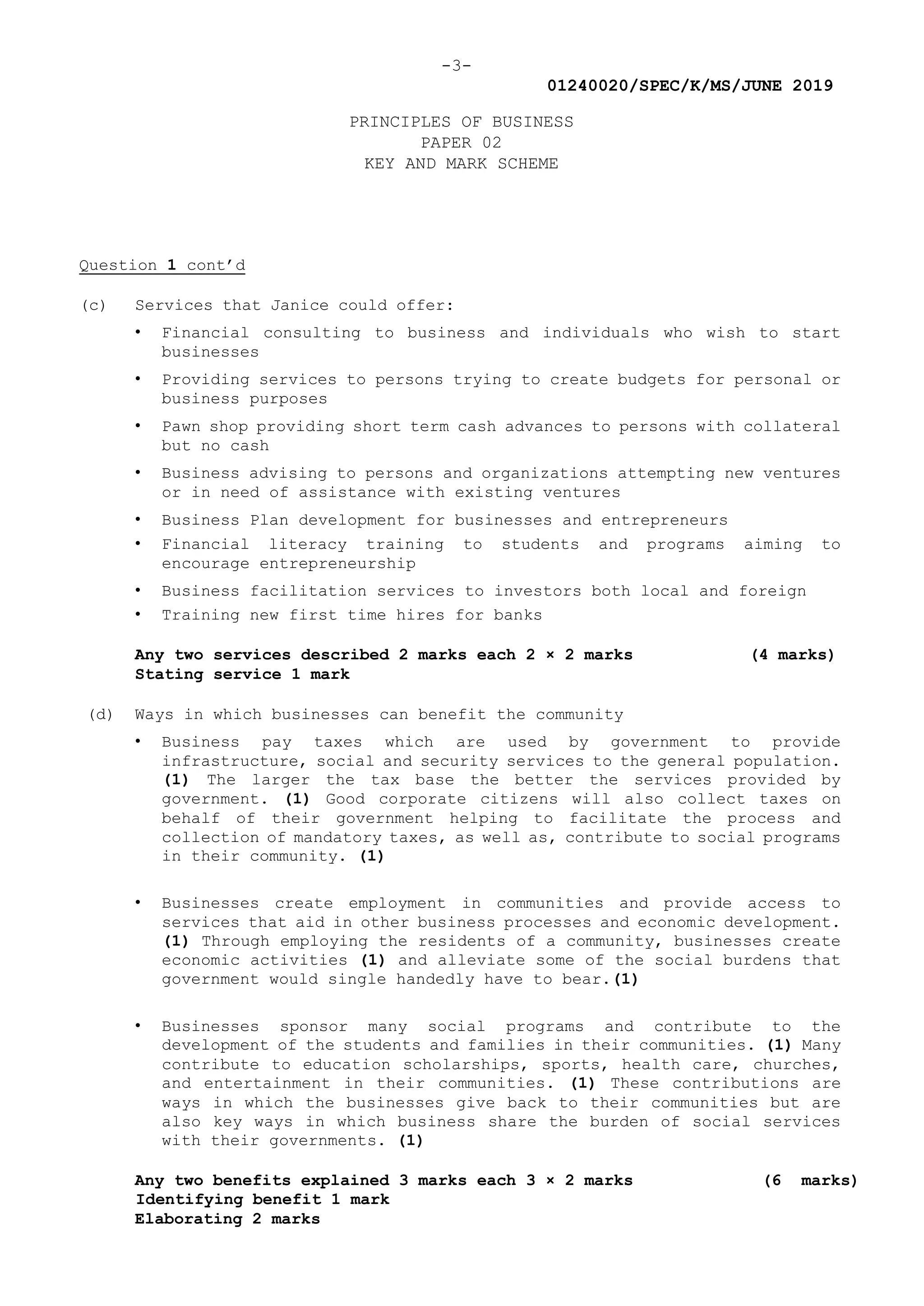 -3-
01240020/SPEC/K/MS/JUNE 2019
PRINCIPLES OF BUSINESS
PAPER 02
KEY AND MARK SCHEME
Question 1 cont’d
(c) Services that Janice could offer:
• Financial consulting to business and individuals who wish to start
businesses
• Providing services to persons trying to create budgets for personal or
business purposes
• Pawn shop providing short term cash advances to persons with collateral
but no cash
• Business advising to persons and organizations attempting new ventures
or in need of assistance with existing ventures
• Business Plan development for businesses and entrepreneurs
• Financial literacy training to students and programs aiming to
encourage entrepreneurship
• Business facilitation services to investors both local and foreign
• Training new first time hires for banks
Any two services described 2 marks each 2 × 2 marks (4 marks)
Stating service 1 mark
(d) Ways in which businesses can benefit the community
• Business pay taxes which are used by government to provide
infrastructure, social and security services to the general population.
(1) The larger the tax base the better the services provided by
government. (1) Good corporate citizens will also collect taxes on
behalf of their government helping to facilitate the process and
collection of mandatory taxes, as well as, contribute to social programs
in their community. (1)
• Businesses create employment in communities and provide access to
services that aid in other business processes and economic development.
(1) Through employing the residents of a community, businesses create
economic activities (1) and alleviate some of the social burdens that
government would single handedly have to bear.(1)
• Businesses sponsor many social programs and contribute to the
development of the students and families in their communities. (1) Many
contribute to education scholarships, sports, health care, churches,
and entertainment in their communities. (1) These contributions are
ways in which the businesses give back to their communities but are
also key ways in which business share the burden of social services
with their governments. (1)
Any two benefits explained 3 marks each 3 × 2 marks (6 marks)
Identifying benefit 1 mark
Elaborating 2 marks
 