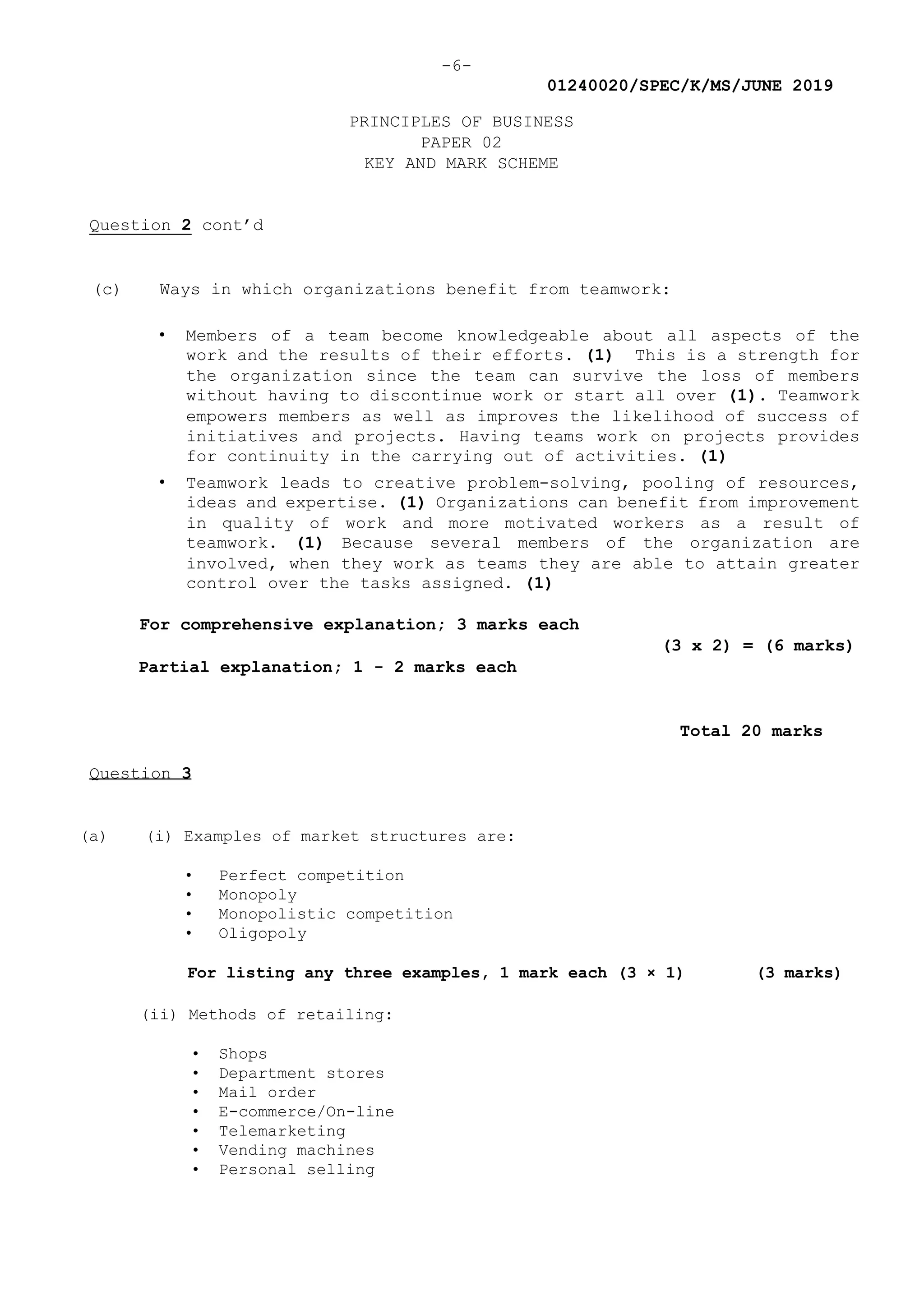 -6-
01240020/SPEC/K/MS/JUNE 2019
PRINCIPLES OF BUSINESS
PAPER 02
KEY AND MARK SCHEME
Question 2 cont’d
(c) Ways in which organizations benefit from teamwork:
• Members of a team become knowledgeable about all aspects of the
work and the results of their efforts. (1) This is a strength for
the organization since the team can survive the loss of members
without having to discontinue work or start all over (1). Teamwork
empowers members as well as improves the likelihood of success of
initiatives and projects. Having teams work on projects provides
for continuity in the carrying out of activities. (1)
• Teamwork leads to creative problem-solving, pooling of resources,
ideas and expertise. (1) Organizations can benefit from improvement
in quality of work and more motivated workers as a result of
teamwork. (1) Because several members of the organization are
involved, when they work as teams they are able to attain greater
control over the tasks assigned. (1)
For comprehensive explanation; 3 marks each
(3 x 2) = (6 marks)
Partial explanation; 1 - 2 marks each
Total 20 marks
Question 3
(a) (i) Examples of market structures are:
• Perfect competition
• Monopoly
• Monopolistic competition
• Oligopoly
For listing any three examples, 1 mark each (3 × 1) (3 marks)
(ii) Methods of retailing:
• Shops
• Department stores
• Mail order
• E-commerce/On-line
• Telemarketing
• Vending machines
• Personal selling
 
