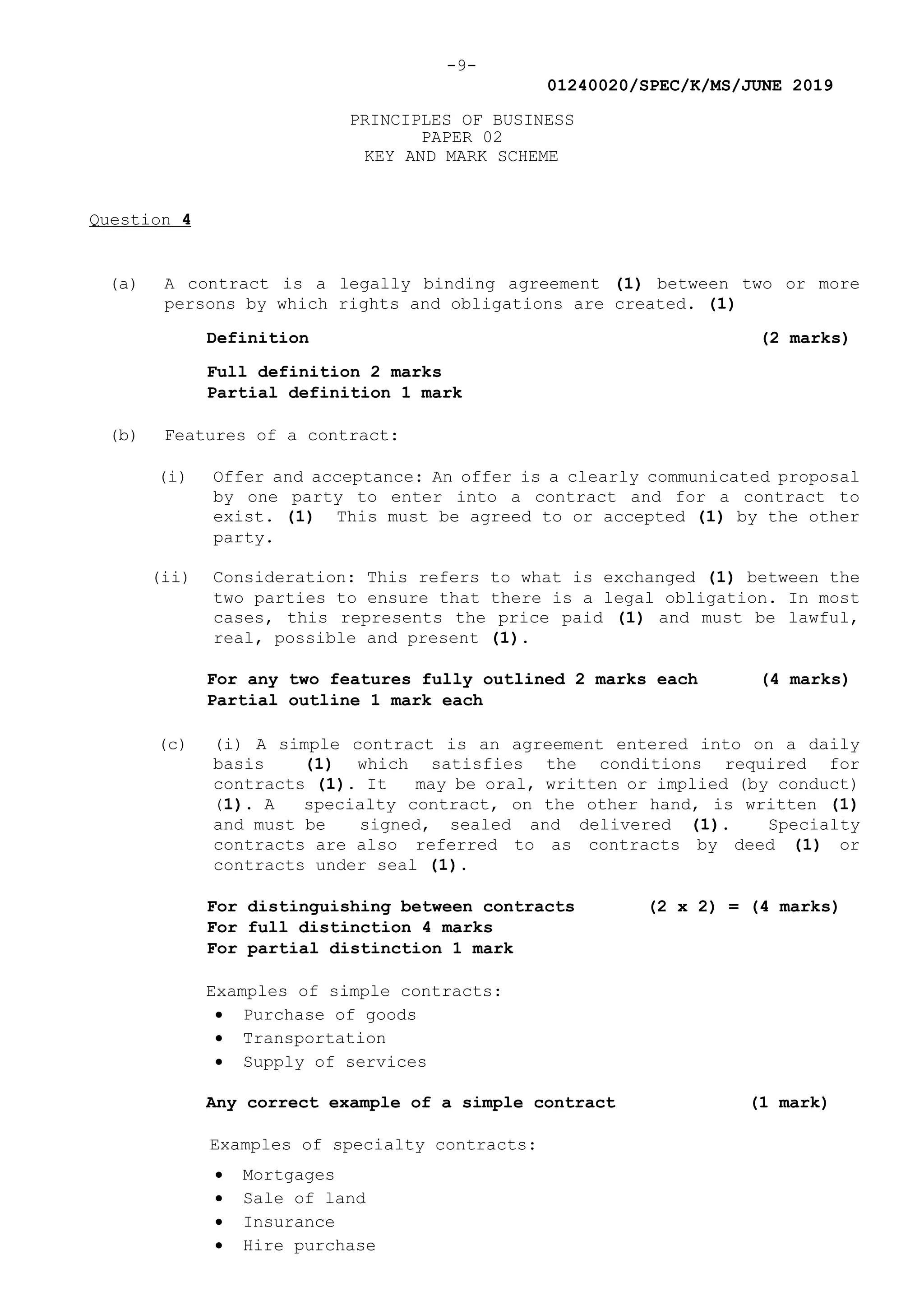 -9-
01240020/SPEC/K/MS/JUNE 2019
PRINCIPLES OF BUSINESS
PAPER 02
KEY AND MARK SCHEME
Question 4
(a) A contract is a legally binding agreement (1) between two or more
persons by which rights and obligations are created. (1)
Definition (2 marks)
Full definition 2 marks
Partial definition 1 mark
(b) Features of a contract:
(i) Offer and acceptance: An offer is a clearly communicated proposal
by one party to enter into a contract and for a contract to
exist. (1) This must be agreed to or accepted (1) by the other
party.
(ii) Consideration: This refers to what is exchanged (1) between the
two parties to ensure that there is a legal obligation. In most
cases, this represents the price paid (1) and must be lawful,
real, possible and present (1).
For any two features fully outlined 2 marks each (4 marks)
Partial outline 1 mark each
(c) (i) A simple contract is an agreement entered into on a daily
basis (1) which satisfies the conditions required for
contracts (1). It may be oral, written or implied (by conduct)
(1). A specialty contract, on the other hand, is written (1)
and must be signed, sealed and delivered (1). Specialty
contracts are also referred to as contracts by deed (1) or
contracts under seal (1).
For distinguishing between contracts (2 x 2) = (4 marks)
For full distinction 4 marks
For partial distinction 1 mark
Examples of simple contracts:
 Purchase of goods
 Transportation
 Supply of services
Any correct example of a simple contract (1 mark)
Examples of specialty contracts:
 Mortgages
 Sale of land
 Insurance
 Hire purchase
 