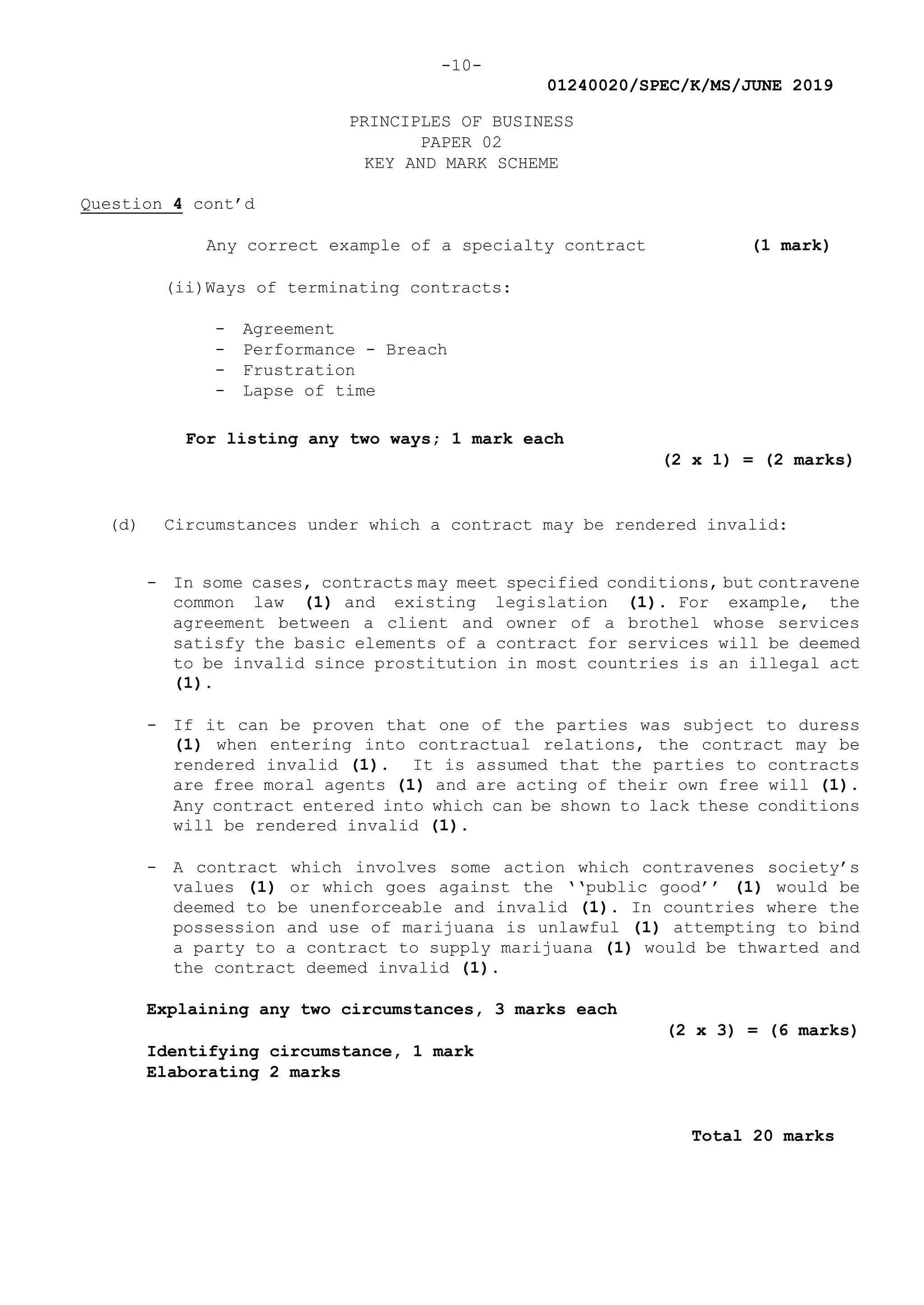 -10-
01240020/SPEC/K/MS/JUNE 2019
PRINCIPLES OF BUSINESS
PAPER 02
KEY AND MARK SCHEME
Question 4 cont’d
Any correct example of a specialty contract (1 mark)
(ii)Ways of terminating contracts:
- Agreement
- Performance - Breach
- Frustration
- Lapse of time
For listing any two ways; 1 mark each
(2 x 1) = (2 marks)
(d) Circumstances under which a contract may be rendered invalid:
- In some cases, contracts may meet specified conditions, but contravene
common law (1) and existing legislation (1). For example, the
agreement between a client and owner of a brothel whose services
satisfy the basic elements of a contract for services will be deemed
to be invalid since prostitution in most countries is an illegal act
(1).
- If it can be proven that one of the parties was subject to duress
(1) when entering into contractual relations, the contract may be
rendered invalid (1). It is assumed that the parties to contracts
are free moral agents (1) and are acting of their own free will (1).
Any contract entered into which can be shown to lack these conditions
will be rendered invalid (1).
- A contract which involves some action which contravenes society’s
values (1) or which goes against the ‘‘public good’’ (1) would be
deemed to be unenforceable and invalid (1). In countries where the
possession and use of marijuana is unlawful (1) attempting to bind
a party to a contract to supply marijuana (1) would be thwarted and
the contract deemed invalid (1).
Explaining any two circumstances, 3 marks each
(2 x 3) = (6 marks)
Identifying circumstance, 1 mark
Elaborating 2 marks
Total 20 marks
 