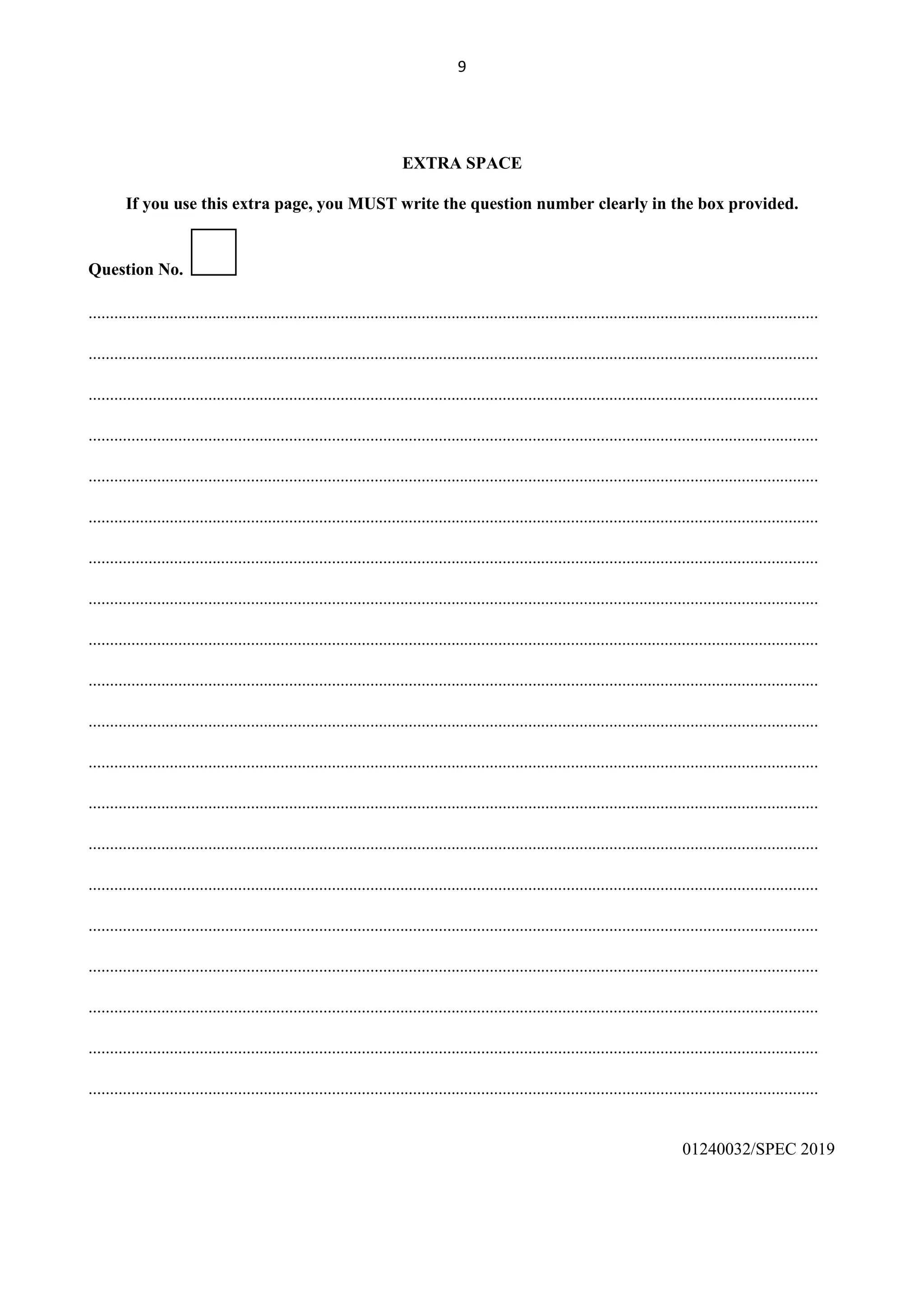 9
EXTRA SPACE
If you use this extra page, you MUST write the question number clearly in the box provided.
Question No.
...........................................................................................................................................................................
...........................................................................................................................................................................
...........................................................................................................................................................................
...........................................................................................................................................................................
...........................................................................................................................................................................
...........................................................................................................................................................................
...........................................................................................................................................................................
...........................................................................................................................................................................
...........................................................................................................................................................................
...........................................................................................................................................................................
...........................................................................................................................................................................
...........................................................................................................................................................................
...........................................................................................................................................................................
...........................................................................................................................................................................
...........................................................................................................................................................................
...........................................................................................................................................................................
...........................................................................................................................................................................
...........................................................................................................................................................................
...........................................................................................................................................................................
...........................................................................................................................................................................
01240032/SPEC 2019
 