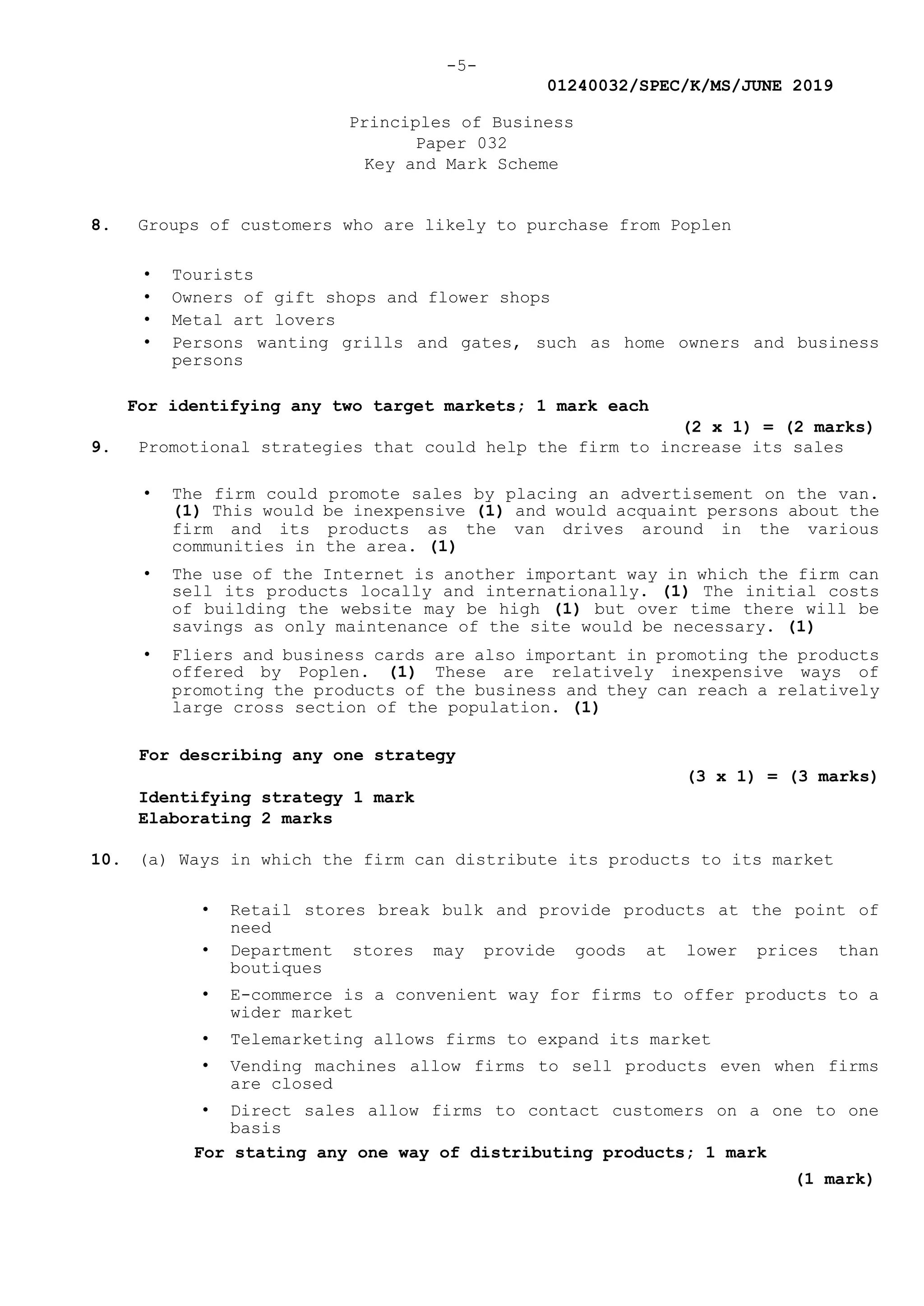 -5-
01240032/SPEC/K/MS/JUNE 2019
Principles of Business
Paper 032
Key and Mark Scheme
8. Groups of customers who are likely to purchase from Poplen
• Tourists
• Owners of gift shops and flower shops
• Metal art lovers
• Persons wanting grills and gates, such as home owners and business
persons
For identifying any two target markets; 1 mark each
(2 x 1) = (2 marks)
9. Promotional strategies that could help the firm to increase its sales
• The firm could promote sales by placing an advertisement on the van.
(1) This would be inexpensive (1) and would acquaint persons about the
firm and its products as the van drives around in the various
communities in the area. (1)
• The use of the Internet is another important way in which the firm can
sell its products locally and internationally. (1) The initial costs
of building the website may be high (1) but over time there will be
savings as only maintenance of the site would be necessary. (1)
• Fliers and business cards are also important in promoting the products
offered by Poplen. (1) These are relatively inexpensive ways of
promoting the products of the business and they can reach a relatively
large cross section of the population. (1)
For describing any one strategy
(3 x 1) = (3 marks)
Identifying strategy 1 mark
Elaborating 2 marks
10. (a) Ways in which the firm can distribute its products to its market
• Retail stores break bulk and provide products at the point of
need
• Department stores may provide goods at lower prices than
boutiques
• E-commerce is a convenient way for firms to offer products to a
wider market
• Telemarketing allows firms to expand its market
• Vending machines allow firms to sell products even when firms
are closed
• Direct sales allow firms to contact customers on a one to one
basis
For stating any one way of distributing products; 1 mark
(1 mark)
 
