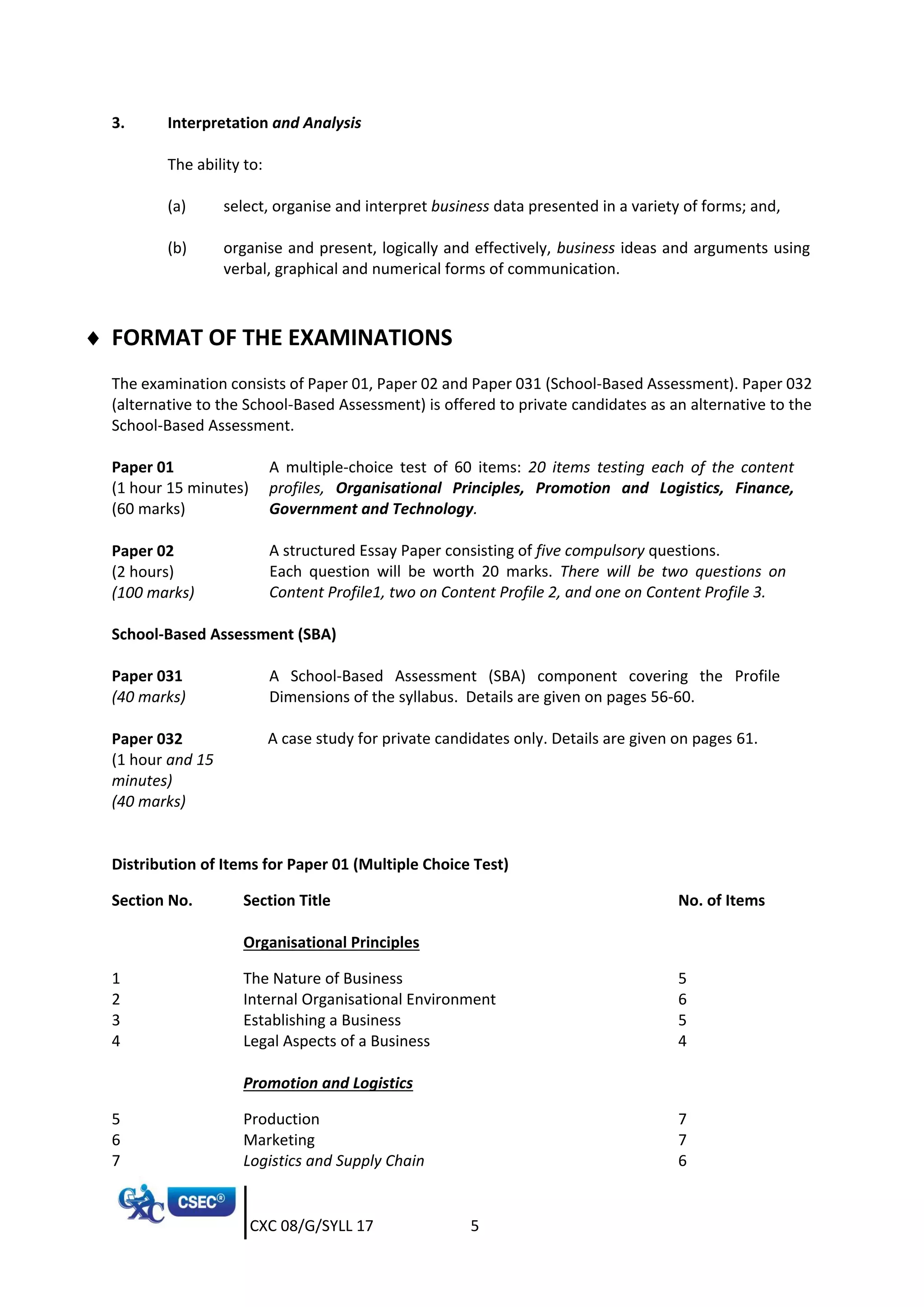 CXC 08/G/SYLL 17 5
3. Interpretation and Analysis
The ability to:
(a) select, organise and interpret business data presented in a variety of forms; and,
(b) organise and present, logically and effectively, business ideas and arguments using
verbal, graphical and numerical forms of communication.
 FORMAT OF THE EXAMINATIONS
The examination consists of Paper 01, Paper 02 and Paper 031 (School-Based Assessment). Paper 032
(alternative to the School-Based Assessment) is offered to private candidates as an alternative to the
School-Based Assessment.
Paper 01
(1 hour 15 minutes)
(60 marks)
A multiple-choice test of 60 items: 20 items testing each of the content
profiles, Organisational Principles, Promotion and Logistics, Finance,
Government and Technology.
Paper 02
(2 hours)
(100 marks)
A structured Essay Paper consisting of five compulsory questions.
Each question will be worth 20 marks. There will be two questions on
Content Profile1, two on Content Profile 2, and one on Content Profile 3.
School-Based Assessment (SBA)
Paper 031
(40 marks)
A School-Based Assessment (SBA) component covering the Profile
Dimensions of the syllabus. Details are given on pages 56-60.
Paper 032
(1 hour and 15
minutes)
(40 marks)
A case study for private candidates only. Details are given on pages 61.
Distribution of Items for Paper 01 (Multiple Choice Test)
Section No. Section Title No. of Items
Organisational Principles
1 The Nature of Business 5
2 Internal Organisational Environment 6
3 Establishing a Business 5
4 Legal Aspects of a Business 4
Promotion and Logistics
5 Production 7
6 Marketing 7
7 Logistics and Supply Chain 6
 