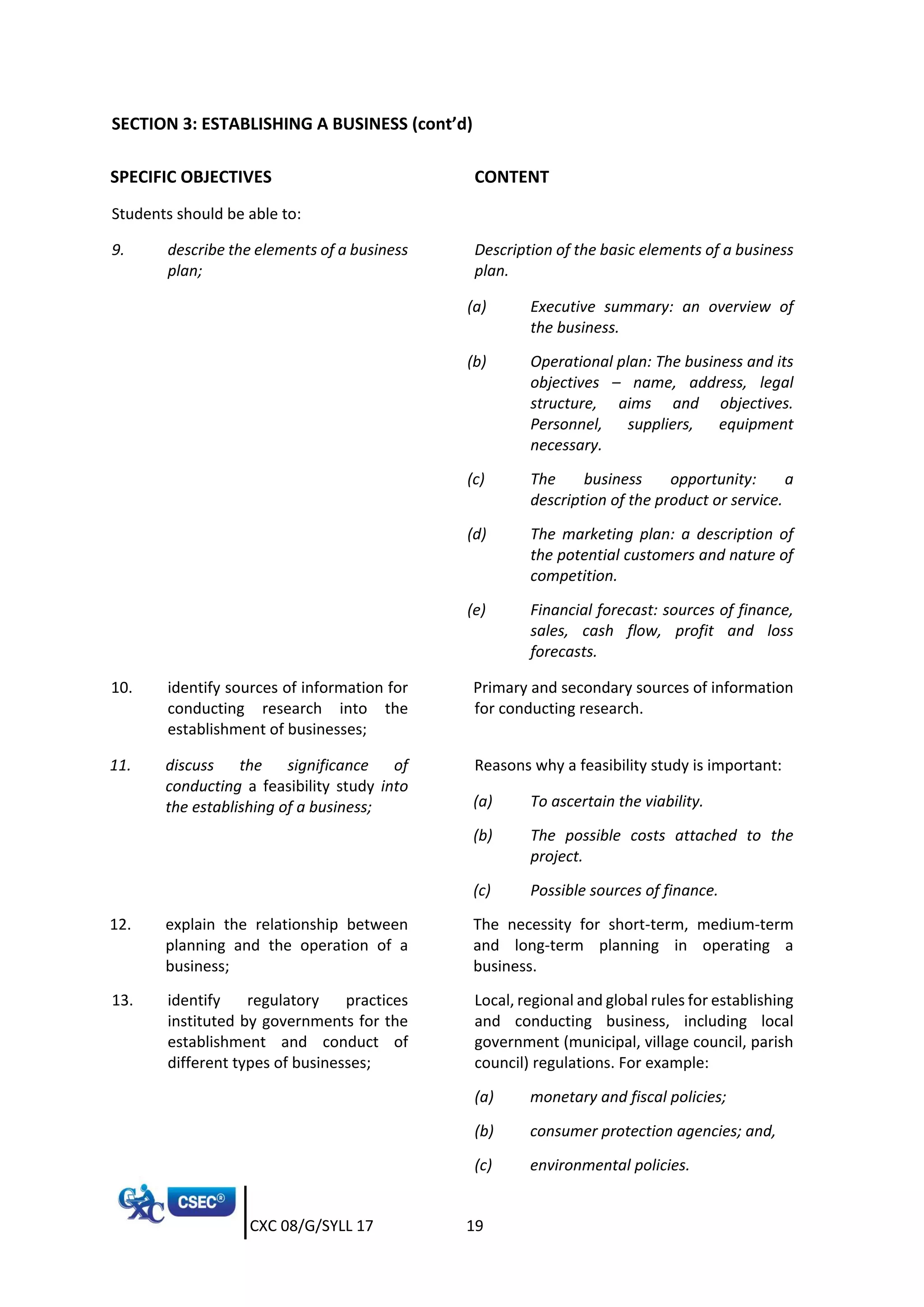 CXC 08/G/SYLL 17 19
SECTION 3: ESTABLISHING A BUSINESS (cont’d)
SPECIFIC OBJECTIVES CONTENT
Students should be able to:
9. describe the elements of a business
plan;
Description of the basic elements of a business
plan.
(a) Executive summary: an overview of
the business.
(b) Operational plan: The business and its
objectives – name, address, legal
structure, aims and objectives.
Personnel, suppliers, equipment
necessary.
(c) The business opportunity: a
description of the product or service.
(d) The marketing plan: a description of
the potential customers and nature of
competition.
(e) Financial forecast: sources of finance,
sales, cash flow, profit and loss
forecasts.
10. identify sources of information for
conducting research into the
establishment of businesses;
Primary and secondary sources of information
for conducting research.
11. discuss the significance of
conducting a feasibility study into
the establishing of a business;
Reasons why a feasibility study is important:
(a) To ascertain the viability.
(b) The possible costs attached to the
project.
(c) Possible sources of finance.
12. explain the relationship between
planning and the operation of a
business;
The necessity for short-term, medium-term
and long-term planning in operating a
business.
13. identify regulatory practices
instituted by governments for the
establishment and conduct of
different types of businesses;
Local, regional and global rules for establishing
and conducting business, including local
government (municipal, village council, parish
council) regulations. For example:
(a) monetary and fiscal policies;
(b) consumer protection agencies; and,
(c) environmental policies.
 