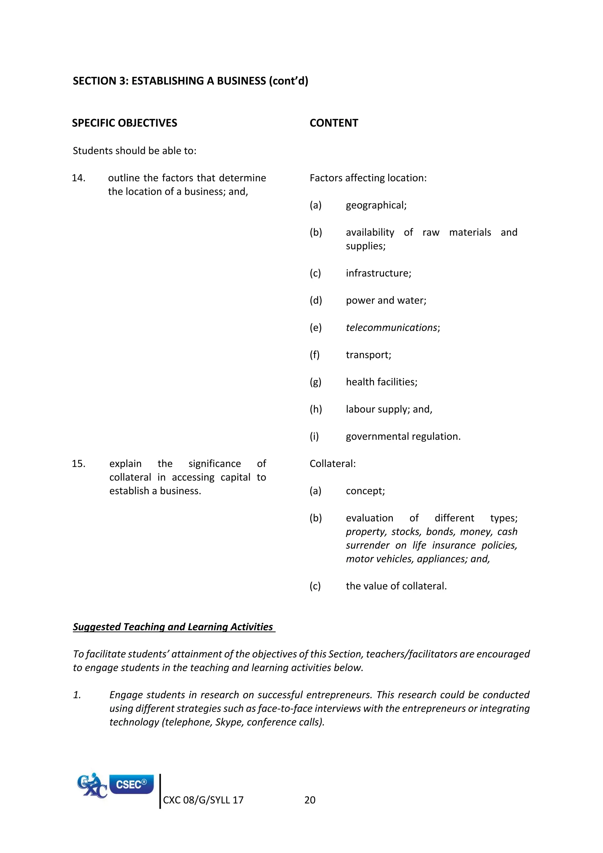CXC 08/G/SYLL 17 20
SECTION 3: ESTABLISHING A BUSINESS (cont’d)
SPECIFIC OBJECTIVES CONTENT
Students should be able to:
14. outline the factors that determine
the location of a business; and,
Factors affecting location:
(a) geographical;
(b) availability of raw materials and
supplies;
(c) infrastructure;
(d) power and water;
(e) telecommunications;
(f) transport;
(g) health facilities;
(h) labour supply; and,
(i) governmental regulation.
15. explain the significance of
collateral in accessing capital to
establish a business.
8.
Collateral:
(a) concept;
(b) evaluation of different types;
property, stocks, bonds, money, cash
surrender on life insurance policies,
motor vehicles, appliances; and,
(c) the value of collateral.
Suggested Teaching and Learning Activities
To facilitate students’ attainment of the objectives of this Section, teachers/facilitators are encouraged
to engage students in the teaching and learning activities below.
1. Engage students in research on successful entrepreneurs. This research could be conducted
using different strategies such as face-to-face interviews with the entrepreneurs or integrating
technology (telephone, Skype, conference calls).
 