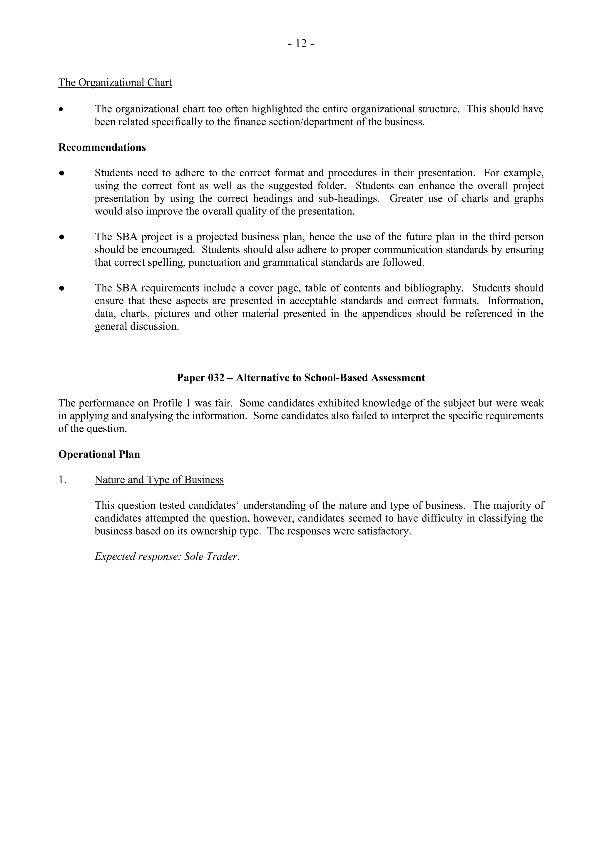 - 12 -
The Organizational Chart
The organizational chart too often highlighted the entire organizational structure. This should have
been related specifically to the finance section/department of the business.
Recommendations
● Students need to adhere to the correct format and procedures in their presentation. For example,
using the correct font as well as the suggested folder. Students can enhance the overall project
presentation by using the correct headings and sub-headings. Greater use of charts and graphs
would also improve the overall quality of the presentation.
● The SBA project is a projected business plan, hence the use of the future plan in the third person
should be encouraged. Students should also adhere to proper communication standards by ensuring
that correct spelling, punctuation and grammatical standards are followed.
● The SBA requirements include a cover page, table of contents and bibliography. Students should
ensure that these aspects are presented in acceptable standards and correct formats. Information,
data, charts, pictures and other material presented in the appendices should be referenced in the
general discussion.
Paper 032 – Alternative to School-Based Assessment
The performance on Profile 1 was fair. Some candidates exhibited knowledge of the subject but were weak
in applying and analysing the information. Some candidates also failed to interpret the specific requirements
of the question.
Operational Plan
1. Nature and Type of Business
This question tested candidates‘ understanding of the nature and type of business. The majority of
candidates attempted the question, however, candidates seemed to have difficulty in classifying the
business based on its ownership type. The responses were satisfactory.
Expected response: Sole Trader.
 