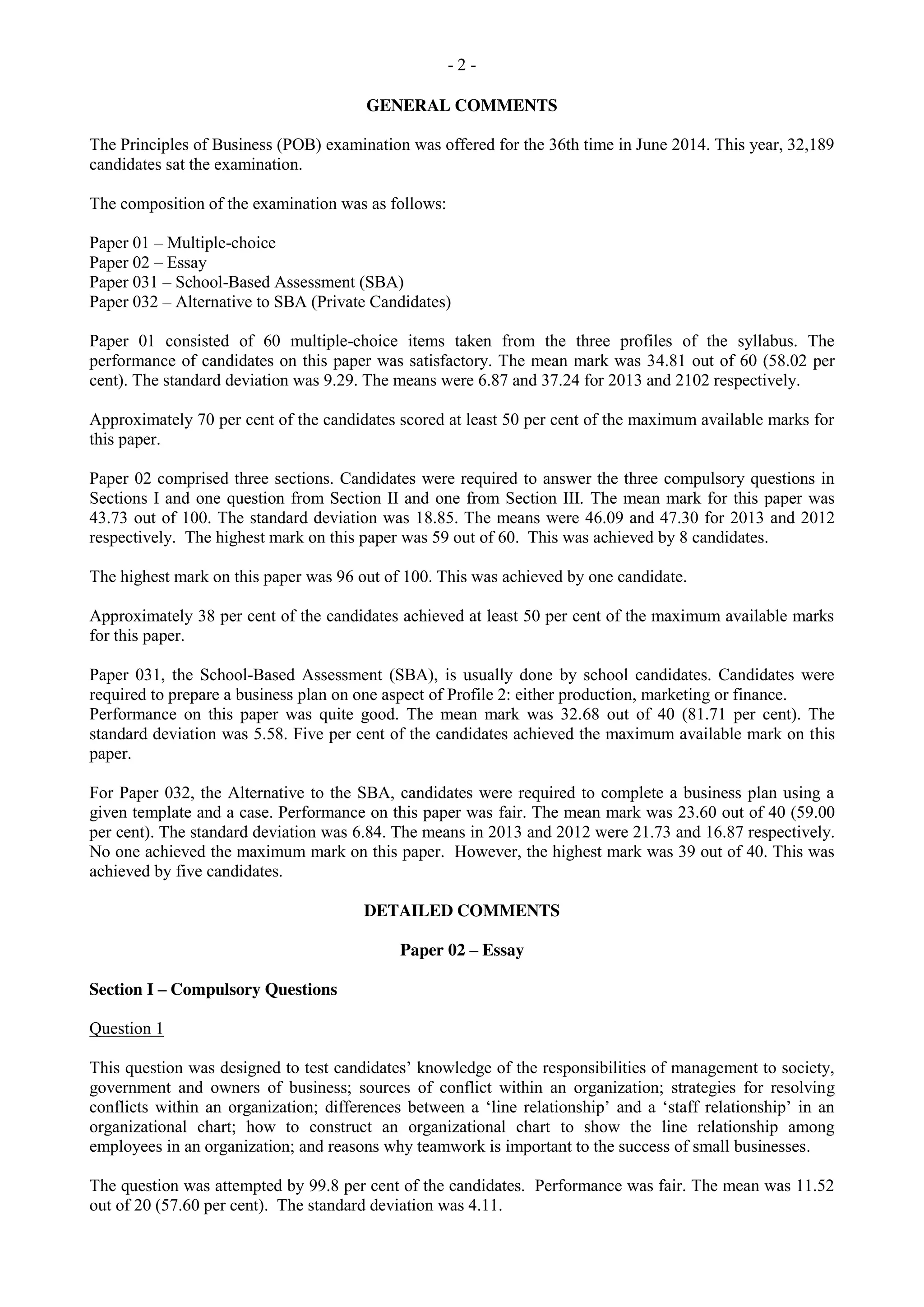 - 2 -
GENERAL COMMENTS
The Principles of Business (POB) examination was offered for the 36th time in June 2014. This year, 32,189
candidates sat the examination.
The composition of the examination was as follows:
Paper 01 – Multiple-choice
Paper 02 – Essay
Paper 031 – School-Based Assessment (SBA)
Paper 032 – Alternative to SBA (Private Candidates)
Paper 01 consisted of 60 multiple-choice items taken from the three profiles of the syllabus. The
performance of candidates on this paper was satisfactory. The mean mark was 34.81 out of 60 (58.02 per
cent). The standard deviation was 9.29. The means were 6.87 and 37.24 for 2013 and 2102 respectively.
Approximately 70 per cent of the candidates scored at least 50 per cent of the maximum available marks for
this paper.
Paper 02 comprised three sections. Candidates were required to answer the three compulsory questions in
Sections I and one question from Section II and one from Section III. The mean mark for this paper was
43.73 out of 100. The standard deviation was 18.85. The means were 46.09 and 47.30 for 2013 and 2012
respectively. The highest mark on this paper was 59 out of 60. This was achieved by 8 candidates.
The highest mark on this paper was 96 out of 100. This was achieved by one candidate.
Approximately 38 per cent of the candidates achieved at least 50 per cent of the maximum available marks
for this paper.
Paper 031, the School-Based Assessment (SBA), is usually done by school candidates. Candidates were
required to prepare a business plan on one aspect of Profile 2: either production, marketing or finance.
Performance on this paper was quite good. The mean mark was 32.68 out of 40 (81.71 per cent). The
standard deviation was 5.58. Five per cent of the candidates achieved the maximum available mark on this
paper.
For Paper 032, the Alternative to the SBA, candidates were required to complete a business plan using a
given template and a case. Performance on this paper was fair. The mean mark was 23.60 out of 40 (59.00
per cent). The standard deviation was 6.84. The means in 2013 and 2012 were 21.73 and 16.87 respectively.
No one achieved the maximum mark on this paper. However, the highest mark was 39 out of 40. This was
achieved by five candidates.
DETAILED COMMENTS
Paper 02 – Essay
Section I – Compulsory Questions
Question 1
This question was designed to test candidates’ knowledge of the responsibilities of management to society,
government and owners of business; sources of conflict within an organization; strategies for resolving
conflicts within an organization; differences between a ‘line relationship’ and a ‘staff relationship’ in an
organizational chart; how to construct an organizational chart to show the line relationship among
employees in an organization; and reasons why teamwork is important to the success of small businesses.
The question was attempted by 99.8 per cent of the candidates. Performance was fair. The mean was 11.52
out of 20 (57.60 per cent). The standard deviation was 4.11.
 