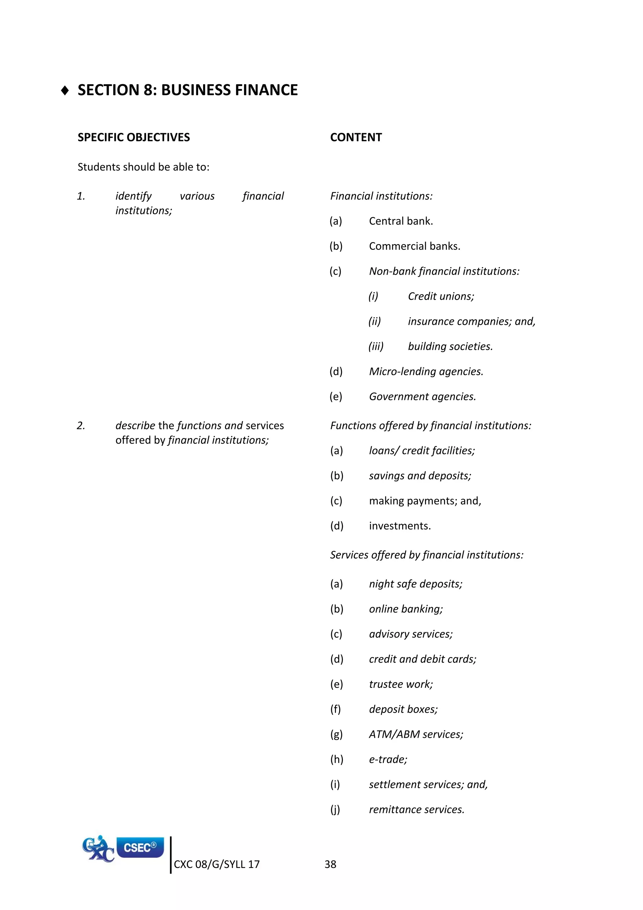 CXC 08/G/SYLL 17 38
 SECTION 8: BUSINESS FINANCE
SPECIFIC OBJECTIVES CONTENT
Students should be able to:
1. identify various financial
institutions;
Financial institutions:
(a) Central bank.
(b) Commercial banks.
(c) Non-bank financial institutions:
(i) Credit unions;
(ii) insurance companies; and,
(iii) building societies.
(d) Micro-lending agencies.
(e) Government agencies.
2. describe the functions and services
offered by financial institutions;
Functions offered by financial institutions:
(a) loans/ credit facilities;
(b) savings and deposits;
(c) making payments; and,
(d) investments.
(a)
Services offered by financial institutions:
(a) night safe deposits;
(b) online banking;
(c) advisory services;
(d) credit and debit cards;
(e) trustee work;
(f) deposit boxes;
(g) ATM/ABM services;
(h) e-trade;
(i) settlement services; and,
(j) remittance services.
 