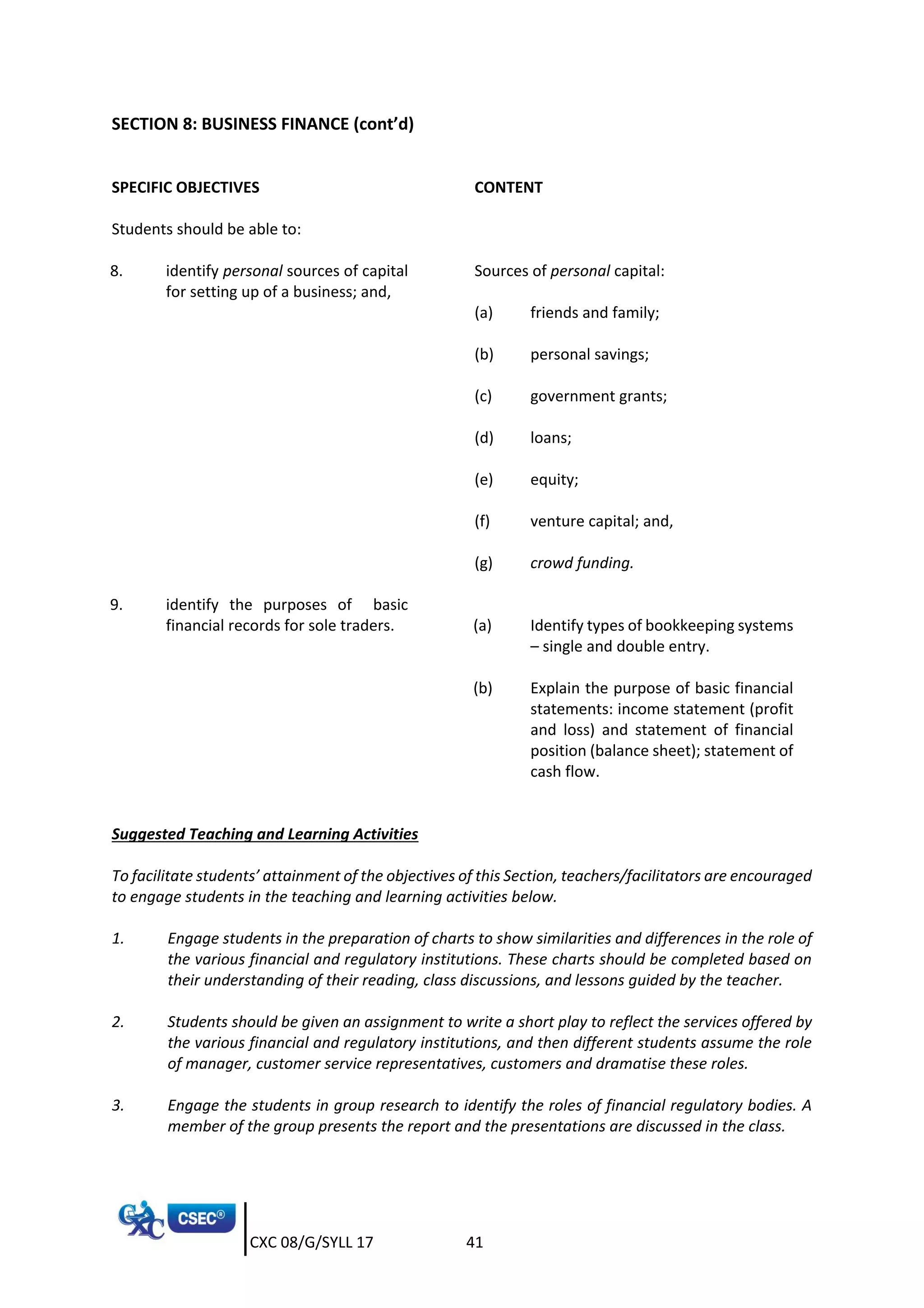 CXC 08/G/SYLL 17 41
SECTION 8: BUSINESS FINANCE (cont’d)
SPECIFIC OBJECTIVES CONTENT
Students should be able to:
8. identify personal sources of capital
for setting up of a business; and,
Sources of personal capital:
(a) friends and family;
(b) personal savings;
(c) government grants;
(d) loans;
(e) equity;
(f) venture capital; and,
(g) crowd funding.
9. identify the purposes of basic
financial records for sole traders. (a) Identify types of bookkeeping systems
– single and double entry.
(b) Explain the purpose of basic financial
statements: income statement (profit
and loss) and statement of financial
position (balance sheet); statement of
cash flow.
Suggested Teaching and Learning Activities
To facilitate students’ attainment of the objectives of this Section, teachers/facilitators are encouraged
to engage students in the teaching and learning activities below.
1. Engage students in the preparation of charts to show similarities and differences in the role of
the various financial and regulatory institutions. These charts should be completed based on
their understanding of their reading, class discussions, and lessons guided by the teacher.
2. Students should be given an assignment to write a short play to reflect the services offered by
the various financial and regulatory institutions, and then different students assume the role
of manager, customer service representatives, customers and dramatise these roles.
3. Engage the students in group research to identify the roles of financial regulatory bodies. A
member of the group presents the report and the presentations are discussed in the class.
 