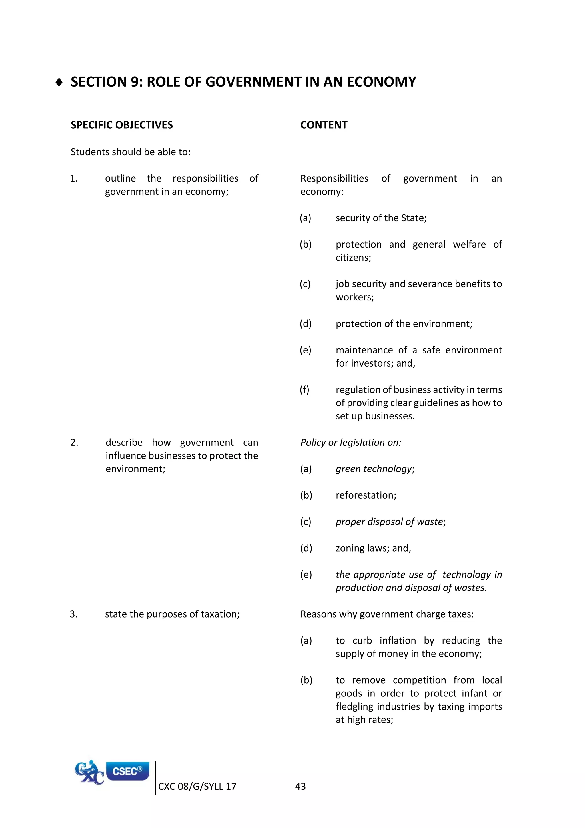 CXC 08/G/SYLL 17 43
 SECTION 9: ROLE OF GOVERNMENT IN AN ECONOMY
SPECIFIC OBJECTIVES CONTENT
Students should be able to:
1. outline the responsibilities of
government in an economy;
Responsibilities of government in an
economy:
(a) security of the State;
(b) protection and general welfare of
citizens;
(c) job security and severance benefits to
workers;
(d) protection of the environment;
(e) maintenance of a safe environment
for investors; and,
(f) regulation of business activity in terms
of providing clear guidelines as how to
set up businesses.
2. describe how government can
influence businesses to protect the
environment;
Policy or legislation on:
(a) green technology;
(b) reforestation;
(c) proper disposal of waste;
(d) zoning laws; and,
(e) the appropriate use of technology in
production and disposal of wastes.
3. state the purposes of taxation; Reasons why government charge taxes:
(a) to curb inflation by reducing the
supply of money in the economy;
(b) to remove competition from local
goods in order to protect infant or
fledgling industries by taxing imports
at high rates;
 