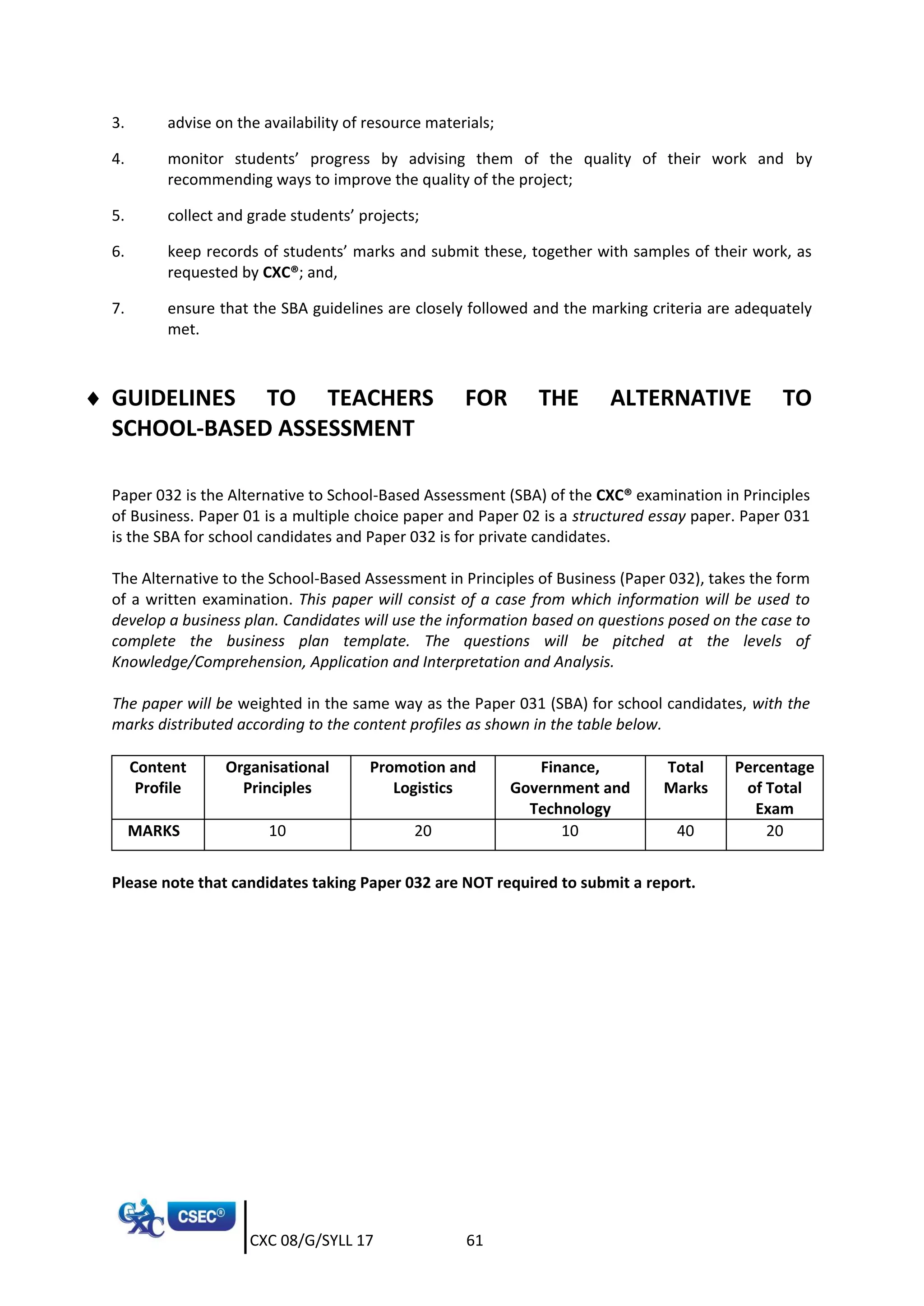 CXC 08/G/SYLL 17 61
3. advise on the availability of resource materials;
4. monitor students’ progress by advising them of the quality of their work and by
recommending ways to improve the quality of the project;
5. collect and grade students’ projects;
6. keep records of students’ marks and submit these, together with samples of their work, as
requested by CXC®; and,
7. ensure that the SBA guidelines are closely followed and the marking criteria are adequately
met.
 GUIDELINES TO TEACHERS FOR THE ALTERNATIVE TO
SCHOOL-BASED ASSESSMENT
Paper 032 is the Alternative to School-Based Assessment (SBA) of the CXC® examination in Principles
of Business. Paper 01 is a multiple choice paper and Paper 02 is a structured essay paper. Paper 031
is the SBA for school candidates and Paper 032 is for private candidates.
The Alternative to the School-Based Assessment in Principles of Business (Paper 032), takes the form
of a written examination. This paper will consist of a case from which information will be used to
develop a business plan. Candidates will use the information based on questions posed on the case to
complete the business plan template. The questions will be pitched at the levels of
Knowledge/Comprehension, Application and Interpretation and Analysis.
The paper will be weighted in the same way as the Paper 031 (SBA) for school candidates, with the
marks distributed according to the content profiles as shown in the table below.
Content
Profile
Organisational
Principles
Promotion and
Logistics
Finance,
Government and
Technology
Total
Marks
Percentage
of Total
Exam
MARKS 10 20 10 40 20
Please note that candidates taking Paper 032 are NOT required to submit a report.
 