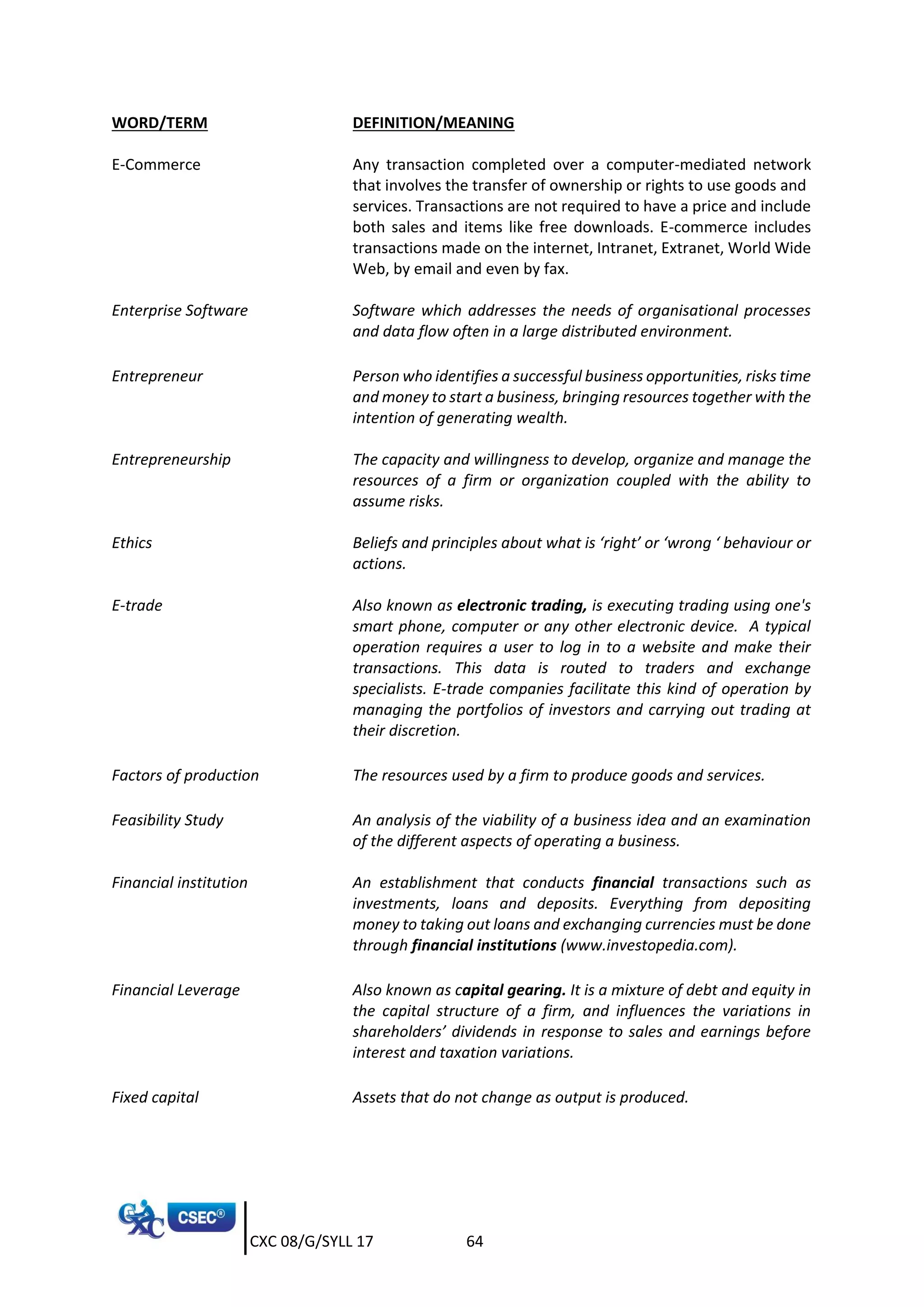 CXC 08/G/SYLL 17 64
WORD/TERM DEFINITION/MEANING
E-Commerce Any transaction completed over a computer-mediated network
that involves the transfer of ownership or rights to use goods and
services. Transactions are not required to have a price and include
both sales and items like free downloads. E-commerce includes
transactions made on the internet, Intranet, Extranet, World Wide
Web, by email and even by fax.
Enterprise Software Software which addresses the needs of organisational processes
and data flow often in a large distributed environment.
Entrepreneur Person who identifies a successful business opportunities, risks time
and money to start a business, bringing resources together with the
intention of generating wealth.
Entrepreneurship The capacity and willingness to develop, organize and manage the
resources of a firm or organization coupled with the ability to
assume risks.
Ethics Beliefs and principles about what is ‘right’ or ‘wrong ‘ behaviour or
actions.
E-trade Also known as electronic trading, is executing trading using one's
smart phone, computer or any other electronic device. A typical
operation requires a user to log in to a website and make their
transactions. This data is routed to traders and exchange
specialists. E-trade companies facilitate this kind of operation by
managing the portfolios of investors and carrying out trading at
their discretion.
Factors of production The resources used by a firm to produce goods and services.
Feasibility Study An analysis of the viability of a business idea and an examination
of the different aspects of operating a business.
Financial institution An establishment that conducts financial transactions such as
investments, loans and deposits. Everything from depositing
money to taking out loans and exchanging currencies must be done
through financial institutions (www.investopedia.com).
Financial Leverage Also known as capital gearing. It is a mixture of debt and equity in
the capital structure of a firm, and influences the variations in
shareholders’ dividends in response to sales and earnings before
interest and taxation variations.
Fixed capital Assets that do not change as output is produced.
 