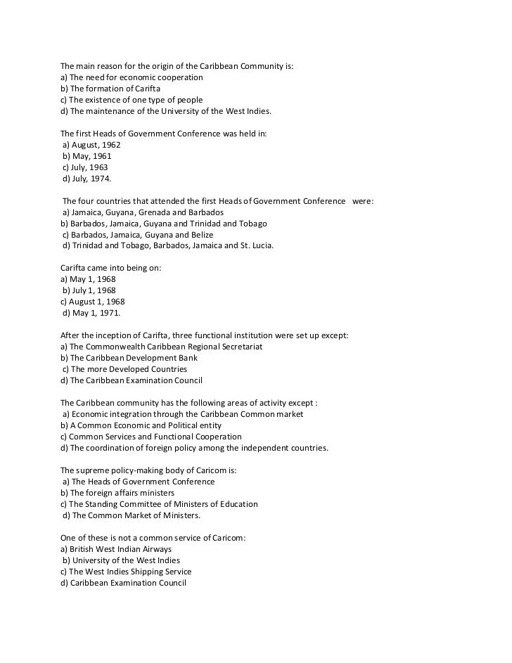 Csec social studies multiple choice questions