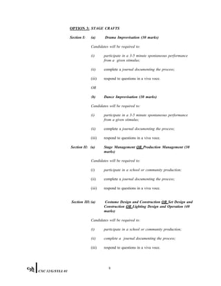 OPTION 3: STAGE CRAFTS
Section I: (a) Drama Improvisation (30 marks)
Candidates will be required to:
(i) participate in a 3-5 minute spontaneous performance
from a given stimulus;
(ii) complete a journal documenting the process;
(iii) respond to questions in a viva voce.
OR
(b) Dance Improvisation (30 marks)
Candidates will be required to:
(i) participate in a 3-5 minute spontaneous performance
from a given stimulus;
(ii) complete a journal documenting the process;
(iii) respond to questions in a viva voce.
Section II: (a) Stage Management OR Production Management (30
marks)
Candidates will be required to:
(i) participate in a school or community production;
(ii) complete a journal documenting the process;
(iii) respond to questions in a viva voce.
Section III: (a) Costume Design and Construction OR Set Design and
Construction OR Lighting Design and Operation (40
marks)
Candidates will be required to:
(i) participate in a school or community production;
(ii) complete a journal documenting the process;
(iii) respond to questions in a viva voce.
8
CXC 32/G/SYLL 01
 