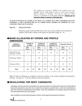 NB: Students are expected to ASSIST in the technical areas. The
emphasis will be on the ability to work as a team with a teacher,
director, designer or facilitator. This may be within the school
system or a community or professional production. Students are not
expected to design or manage a full-length play.
In special circumstances, for example, in the absence of a candidate due to illness immediately prior to the
examination, or where specialised skills are not available among candidates, the substitution of a non-
examination student may be permitted.
Paper 03 Projects (40 marks)
During the second, fourth and fifth terms of the course, each candidate will be required to
complete TWO Projects. Details of the Projects are provided on pages 42 – 48.
◆MARK ALLOCATION BY PAPERS AND PROFILE
DIMENSIONS
PROFILE
DIMENSION
PAPER 01
(CORE)
PAPER 02
(OPTIONS)
PAPER 03
(PROJECTS)
GRAND TOTAL
Raw
Score
%
Raw
Score
%
Raw
Score
%
Raw
Score
%
Appreciating and
Analysing (APAN)
50 25 10 5 30 15 90 45
Performing (PERF) - - 60 30 - - 60 30
Creating (CREA) 10 5 30 15 10 5 50 25
Total 60 30 100 50 40 20 200 100
Marks for Paper 03 (Projects) are weighted so that they contribute to the overall examination the proportions
indicated. See pages 44 - 48 for the marking criteria for the projects.
◆REGULATIONS FOR RESIT CANDIDATES
Candidates, who have earned a moderated score of at least 50 per cent of the total marks for the School-Based
Assessment component, may elect not to repeat this component, provided they re-write the examination no
later than TWO years following their first attempt. These resit candidates must complete Papers 01 and 02 of
the examination for the year they register.
Resit candidates must be entered through a school or other approved educational institution.
9
CXC 32/G/SYLL 01
 
