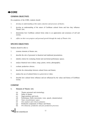 ◆CORE
GENERAL OBJECTIVES
On completion of the CORE, students should:
1. develop an understanding of the nature, function and processes of theatre;
2. develop an understanding of the nature of Caribbean cultural forms and how they influence
Theatre Arts;
3. demonstrate how Caribbean cultural forms relate to an appreciation and awareness of self and
society;
4. reflect on their own progress and personal growth through the study of Theatre Arts.
SPECIFIC OBJECTIVES
Students should be able to:
1. examine elements of theatre arts;
2. describe the role of personnel in theatrical and traditional presentations;
3. identify criteria for evaluating formal and non-formal performance spaces;
4. analyse theatrical texts (videos, songs, poems, stories, photographs);
5. evaluate production choices;
6. describe the relationships between cultural forms and theatre;
7. analyse the use of cultural forms in a given text or video;
8. describe how cultural forms influence and are influenced by the values and history of Caribbean
society.
CONTENT
1. Elements of Theatre Arts
(a) Theatre personnel and terminology.
(b) Safety in theatre.
(c) Stage positions and levels.
(d) Performance Skills (movement, voice, speech, charaterisation).
(e) Types of performance space.
(f) Text analysis and critical evaluation.
(g) Production components of Dance and Drama.
(h) Pre-rehearsal, production and post production processes.
12
CXC 32/G/SYLL 01
 