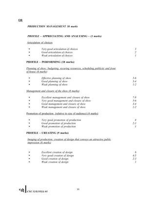 OR
PRODUCTION MANAGEMENT 30 marks
PROFILE – APPRECIATING AND ANALYSING – (3 marks)
Articulation of choices
• Very good articulation of choices 3
• Good articulation of choices 2
• Weak articulation of choices 1
PROFILE – PERFORMING (18 marks)
Planning of show: budgeting, securing resources, scheduling publicity and front
of house (6 marks)
• Effective planning of show 5-6
• Good planning of show 3-4
• Weak planning of show 1-2
Management and closure of the show (8 marks)
• Excellent management and closure of show 7-8
• Very good management and closure of show 5-6
• Good management and closure of show 3-4
• Weak management and closure of show 1-2
Promotion of production (relative to size of audience) (4 marks)
• Very good promotion of production 4
• Good promotion of production 2-3
• Weak promotion of production 1
PROFILE – CREATING (9 marks)
Imaging of production: creation of design that conveys an attractive public
impression (6 marks)
• Excellent creation of design 6
• Very good creation of design 4-5
• Good creation of design 2-3
• Weak creation of design 1
39
CXC 32/G/SYLL 01
 