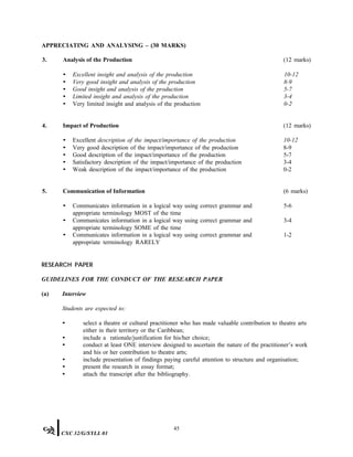 APPRECIATING AND ANALYSING – (30 MARKS)
3. Analysis of the Production (12 marks)
• Excellent insight and analysis of the production 10-12
• Very good insight and analysis of the production 8-9
• Good insight and analysis of the production 5-7
• Limited insight and analysis of the production 3-4
• Very limited insight and analysis of the production 0-2
4. Impact of Production (12 marks)
• Excellent description of the impact/importance of the production 10-12
• Very good description of the impact/importance of the production 8-9
• Good description of the impact/importance of the production 5-7
• Satisfactory description of the impact/importance of the production 3-4
• Weak description of the impact/importance of the production 0-2
5. Communication of Information (6 marks)
• Communicates information in a logical way using correct grammar and
appropriate terminology MOST of the time
• Communicates information in a logical way using correct grammar and
appropriate terminology SOME of the time
• Communicates information in a logical way using correct grammar and
appropriate terminology RARELY
5-6
3-4
1-2
RESEARCH PAPER
GUIDELINES FOR THE CONDUCT OF THE RESEARCH PAPER
(a) Interview
Students are expected to:
• select a theatre or cultural practitioner who has made valuable contribution to theatre arts
either in their territory or the Caribbean;
• include a rationale/justification for his/her choice;
• conduct at least ONE interview designed to ascertain the nature of the practitioner’s work
and his or her contribution to theatre arts;
• include presentation of findings paying careful attention to structure and organisation;
• present the research in essay format;
• attach the transcript after the bibliography.
45
CXC 32/G/SYLL 01
 