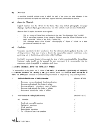 (b) Discussion
An excellent research project is one in which the body of the essay has been informed by the
interview questions in conjunction with other support materials gathered by the student.
(c) Supporting Materials
Support materials must be relevant to the theme. These may include photographs, newspaper
clippings, significant objects, parts of costumes, and other artefacts. Each item must be labelled.
Here are three examples that would be acceptable.
• This is a picture of Nova Singh performing in the play “The Plantation Girls” in 1992.
• This is part of the costume for the character Shivanee worn by Afiyah Valentine in the
dance production “Shades of we” in St. Kitts in 2001.
• This videotape shows Gene Carson’s choreography of ‘Spirit of Africa’ as it was
performed in Barbados in 2002.
(d) Conclusion
Candidates are expected to draw conclusions from the information that is gathered about the work
of the practitioner. They must be able to describe the impact of the subject’s contribution on the
performing arts in their territory and/or in the wider Caribbean.
For EACH component, the aim is to ascertain the level of achievement reached by the candidate.
Fractional marks should not be awarded for any component. It is recommended that the
assessment criteria be available to candidates at all times.
MARKING CRITERIA FOR THE RESEARCH PAPER
The assessment is to be graded out of a total of 40 marks [30 marks for Appreciating and Analysing
(APAN) and 10 marks for Creating (CREA)] as outlined below. Six marks (6 marks out of the 30
marks for APAN)) are allocated for communicating information in a logical way using correct grammar.
1. Rationale/Justification of Study (4 marks) (4 marks APAN)
• Presents a very good rationale for choice of subject 4
• Presents good rationale for choice of subject 3
• Presents satisfactory rationale for choice of subject 2
• Presents weak rationale for choice of subject 1
• Presents no rationale for choice of subject 0
2. Presentation of Findings (16 marks) (4 marks APAN)
(a) Interview 4
• Good and purposeful questions 4
• Satisfactory questions 3
• Weak questions 2
• Inappropriate questions 1
• No evidence of interview questions 0
46
CXC 32/G/SYLL 01
 
