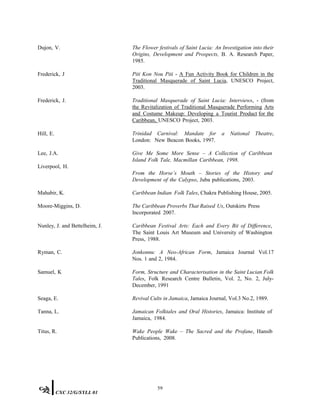 Dujon, V.
Frederick, J
Frederick, J.
Hill, E.
The Flower festivals of Saint Lucia: An Investigation into their
Origins, Development and Prospects, B. A. Research Paper,
1985.
Piti Kon Nou Piti - A Fun Activity Book for Children in the
Traditional Masquerade of Saint Lucia, UNESCO Project,
2003.
Traditional Masquerade of Saint Lucia: Interviews, - (from
the Revitalization of Traditional Masquerade Performing Arts
and Costume Makeup: Developing a Tourist Product for the
Caribbean, UNESCO Project, 2003.
Trinidad Carnival: Mandate for a National Theatre,
London: New Beacon Books, 1997.
Lee, J.A.
Liverpool, H.
Give Me Some More Sense – A Collection of Caribbean
Island Folk Tale, Macmillan Caribbean, 1998.
From the Horse’s Mouth – Stories of the History and
Development of the Calypso, Juba publications, 2003.
Mahabir, K. Caribbean Indian Folk Tales, Chakra Publishing House, 2005.
Moore-Miggins, D. The Caribbean Proverbs That Raised Us, Outskirts Press
Incorporated 2007.
Nunley, J. and Bettelheim, J. Caribbean Festival Arts: Each and Every Bit of Difference,
The Saint Louis Art Museum and University of Washington
Press, 1988.
Ryman, C.
Samuel, K
Jonkonnu: A Neo-African Form, Jamaica Journal Vol.17
Nos. 1 and 2, 1984.
Form, Structure and Characterisation in the Saint Lucian Folk
Tales, Folk Research Centre Bulletin, Vol. 2, No. 2, July-
December, 1991
Seaga, E. Revival Cults in Jamaica, Jamaica Journal, Vol.3 No.2, 1989.
Tanna, L. Jamaican Folktales and Oral Histories, Jamaica: Institute of
Jamaica, 1984.
Titus, R. Wake People Wake – The Sacred and the Profane, Hansib
Publications, 2008.
59
CXC 32/G/SYLL 01
 