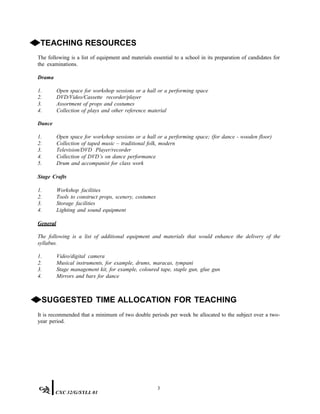 ◆TEACHING RESOURCES
The following is a list of equipment and materials essential to a school in its preparation of candidates for
the examinations.
Drama
1. Open space for workshop sessions or a hall or a performing space
2. DVD/Video/Cassette recorder/player
3. Assortment of props and costumes
4. Collection of plays and other reference material
Dance
1. Open space for workshop sessions or a hall or a performing space; (for dance - wooden floor)
2. Collection of taped music – traditional folk, modern
3. Television/DVD Player/recorder
4. Collection of DVD’s on dance performance
5. Drum and accompanist for class work
Stage Crafts
1. Workshop facilities
2. Tools to construct props, scenery, costumes
3. Storage facilities
4. Lighting and sound equipment
General
The following is a list of additional equipment and materials that would enhance the delivery of the
syllabus.
1. Video/digital camera
2. Musical instruments, for example, drums, maracas, tympani
3. Stage management kit, for example, coloured tape, staple gun, glue gun
4. Mirrors and bars for dance
◆SUGGESTED TIME ALLOCATION FOR TEACHING
It is recommended that a minimum of two double periods per week be allocated to the subject over a two-
year period.
3
CXC 32/G/SYLL 01
 