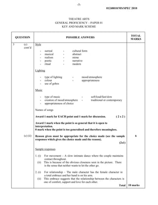 -5-
01248010/MS/SPEC 2010
THEATRE ARTS
GENERAL PROFICIENCY – PAPER 01
KEY AND MARK SCHEME
QUESTION POSSIBLE ANSWERS
TOTAL
MARKS
3 (c)
cont’d
(c) (ii)
Style
- surreal - cultural form
- musical - abstract
- realism - mime
- poetic - narrative
- ritual - modern
Lighting
- type of lighting - mood/atmosphere
- colour - appropriateness
- use of gobos
Music
- type of music - soft/loud/fast/slow
- creation of mood/atmosphere - traditional or contemporary
- appropriateness of choice
Names of songs
Award 1 mark for EACH point and 1 mark for discussion. ( 2 x 2 )
Award 1 mark when the point is so general that it is open to
interpretation.
0 mark when the point is too generalised and therefore meaningless.
Reason given must be appropriate for the choice made (see the sample
responses which gives the choice made and the reason).
(2x1)
Sample responses
1. (i) For movement – A slow intimate dance where the couple maintains
contact throughout.
(ii) This is because of the obvious closeness seen in the picture. There
is the sense that neither wants to let the other go.
2. (i) For relationship – The male character has the female character in
a total embrace and her hand is on his arm.
(ii) This embrace suggests that the relationship between the characters is
one of comfort, support and love for each other.
Total
6
10 marks
 