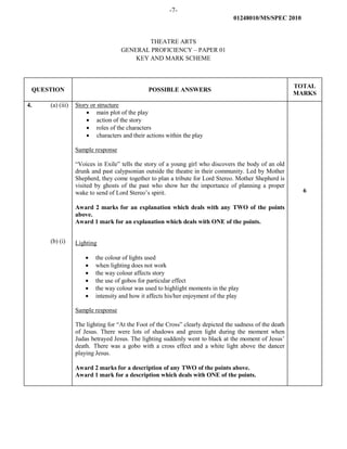 -7-
01248010/MS/SPEC 2010
THEATRE ARTS
GENERAL PROFICIENCY – PAPER 01
KEY AND MARK SCHEME
QUESTION POSSIBLE ANSWERS
TOTAL
MARKS
4. (a) (iii)
(b) (i)
Story or structure
• main plot of the play
• action of the story
• roles of the characters
• characters and their actions within the play
Sample response
“Voices in Exile” tells the story of a young girl who discovers the body of an old
drunk and past calypsonian outside the theatre in their community. Led by Mother
Shepherd, they come together to plan a tribute for Lord Stereo. Mother Shepherd is
visited by ghosts of the past who show her the importance of planning a proper
wake to send of Lord Stereo’s spirit.
Award 2 marks for an explanation which deals with any TWO of the points
above.
Award 1 mark for an explanation which deals with ONE of the points.
Lighting
• the colour of lights used
• when lighting does not work
• the way colour affects story
• the use of gobos for particular effect
• the way colour was used to highlight moments in the play
• intensity and how it affects his/her enjoyment of the play
Sample response
The lighting for “At the Foot of the Cross” clearly depicted the sadness of the death
of Jesus. There were lots of shadows and green light during the moment when
Judas betrayed Jesus. The lighting suddenly went to black at the moment of Jesus’
death. There was a gobo with a cross effect and a white light above the dancer
playing Jesus.
Award 2 marks for a description of any TWO of the points above.
Award 1 mark for a description which deals with ONE of the points.
6
 