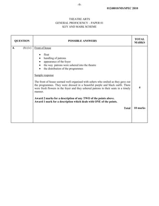 -9-
01248010/MS/SPEC 2010
THEATRE ARTS
GENERAL PROFICIENCY – PAPER 01
KEY AND MARK SCHEME
QUESTION POSSIBLE ANSWERS
TOTAL
MARKS
4. (b) (iv) Front of house
• float
• handling of patrons
• appearance of the foyer
• the way patrons were ushered into the theatre
• the distribution of the programmes
Sample response
The front of house seemed well organised with ushers who smiled as they gave out
the programmes. They were dressed in a beautiful purple and black outfit. There
were fresh flowers in the foyer and they ushered patrons to their seats in a timely
manner.
Award 2 marks for a description of any TWO of the points above.
Award 1 mark for a description which deals with ONE of the points.
Total
4
10 marks
 