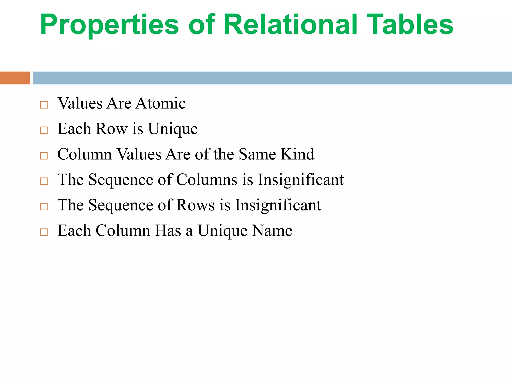 Properties of Relational Tables  Values Are Atomic  Each Row is Unique  Column Values Are of the Same Kind  The Sequence of Columns is Insignificant  The Sequence of Rows is Insignificant  Each Column Has a Unique Name 