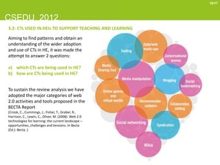 10/17



CSEDU 2012
3.2- CTs USED IN HEIs TO SUPPORT TEACHING AND LEARNING

Aiming to find patterns and obtain an
understanding of the wider adoption
and use of CTs in HE, it was made the
attempt to answer 2 questions:

a) which CTs are being used in HE?
b) how are CTs being used in HE?


To sustain the review analysis we have
adopted the major categories of web
2.0 activities and tools proposed in the
BECTA Report
(Crook, C., Cummings, J., Fisher, T., Graber, R.,
Harrison, C., Lewin, C., Oliver, M. (2008). Web 2.0
technologies for learning: the current landscape –
opportunities, challenges and tensions. In Becta
(Ed.): Becta. )
 