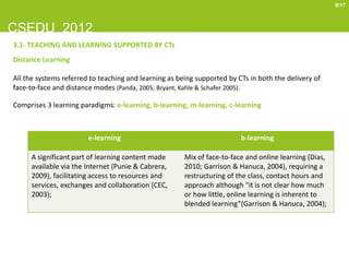 8/17



CSEDU 2012
3.1- TEACHING AND LEARNING SUPPORTED BY CTs
Distance Learning

All the systems referred to teaching and learning as being supported by CTs in both the delivery of
face-to-face and distance modes (Panda, 2005; Bryant, Kahle & Schafer 2005).

Comprises 3 learning paradigms: e-learning, b-learning, m-learning, c-learning



                        e-learning                                       b-learning

     A significant part of learning content made       Mix of face-to-face and online learning (Dias,
     available via the Internet (Punie & Cabrera,      2010; Garrison & Hanuca, 2004), requiring a
     2009), facilitating access to resources and       restructuring of the class, contact hours and
     services, exchanges and collaboration (CEC,       approach although “it is not clear how much
     2003);                                            or how little, online learning is inherent to
                                                       blended learning”(Garrison & Hanuca, 2004);
 
