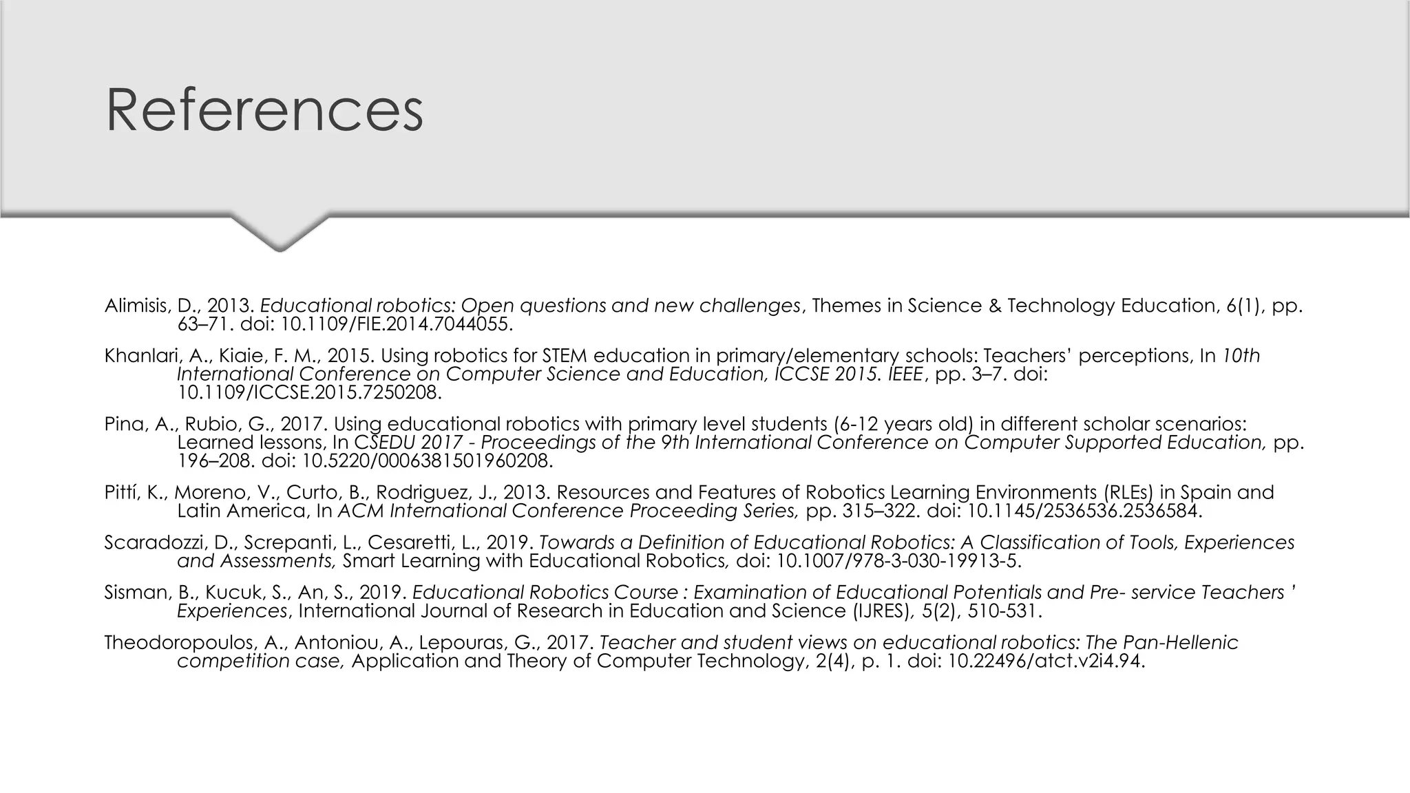References
Alimisis, D., 2013. Educational robotics: Open questions and new challenges, Themes in Science & Technology Education, 6(1), pp.
63–71. doi: 10.1109/FIE.2014.7044055.
Khanlari, A., Kiaie, F. M., 2015. Using robotics for STEM education in primary/elementary schools: Teachers’ perceptions, In 10th
International Conference on Computer Science and Education, ICCSE 2015. IEEE, pp. 3–7. doi:
10.1109/ICCSE.2015.7250208.
Pina, A., Rubio, G., 2017. Using educational robotics with primary level students (6-12 years old) in different scholar scenarios:
Learned lessons, In CSEDU 2017 - Proceedings of the 9th International Conference on Computer Supported Education, pp.
196–208. doi: 10.5220/0006381501960208.
Pittí, K., Moreno, V., Curto, B., Rodriguez, J., 2013. Resources and Features of Robotics Learning Environments (RLEs) in Spain and
Latin America, In ACM International Conference Proceeding Series, pp. 315–322. doi: 10.1145/2536536.2536584.
Scaradozzi, D., Screpanti, L., Cesaretti, L., 2019. Towards a Definition of Educational Robotics: A Classification of Tools, Experiences
and Assessments, Smart Learning with Educational Robotics, doi: 10.1007/978-3-030-19913-5.
Sisman, B., Kucuk, S., An, S., 2019. Educational Robotics Course : Examination of Educational Potentials and Pre- service Teachers ’
Experiences, International Journal of Research in Education and Science (IJRES), 5(2), 510-531.
Theodoropoulos, A., Antoniou, A., Lepouras, G., 2017. Teacher and student views on educational robotics: The Pan-Hellenic
competition case, Application and Theory of Computer Technology, 2(4), p. 1. doi: 10.22496/atct.v2i4.94.
 