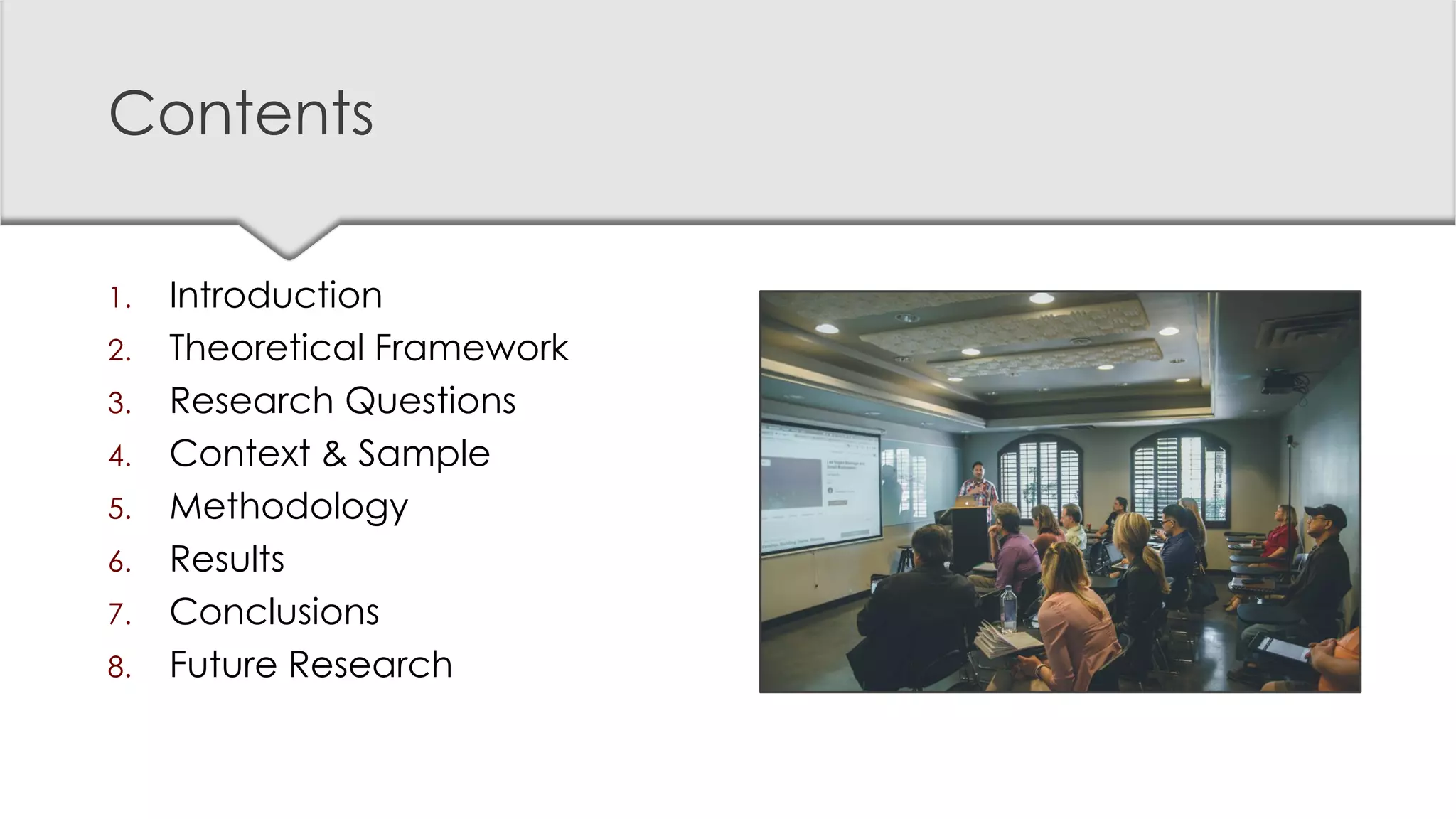 1. Introduction
2. Theoretical Framework
3. Research Questions
4. Context & Sample
5. Methodology
6. Results
7. Conclusions
8. Future Research
Contents
 