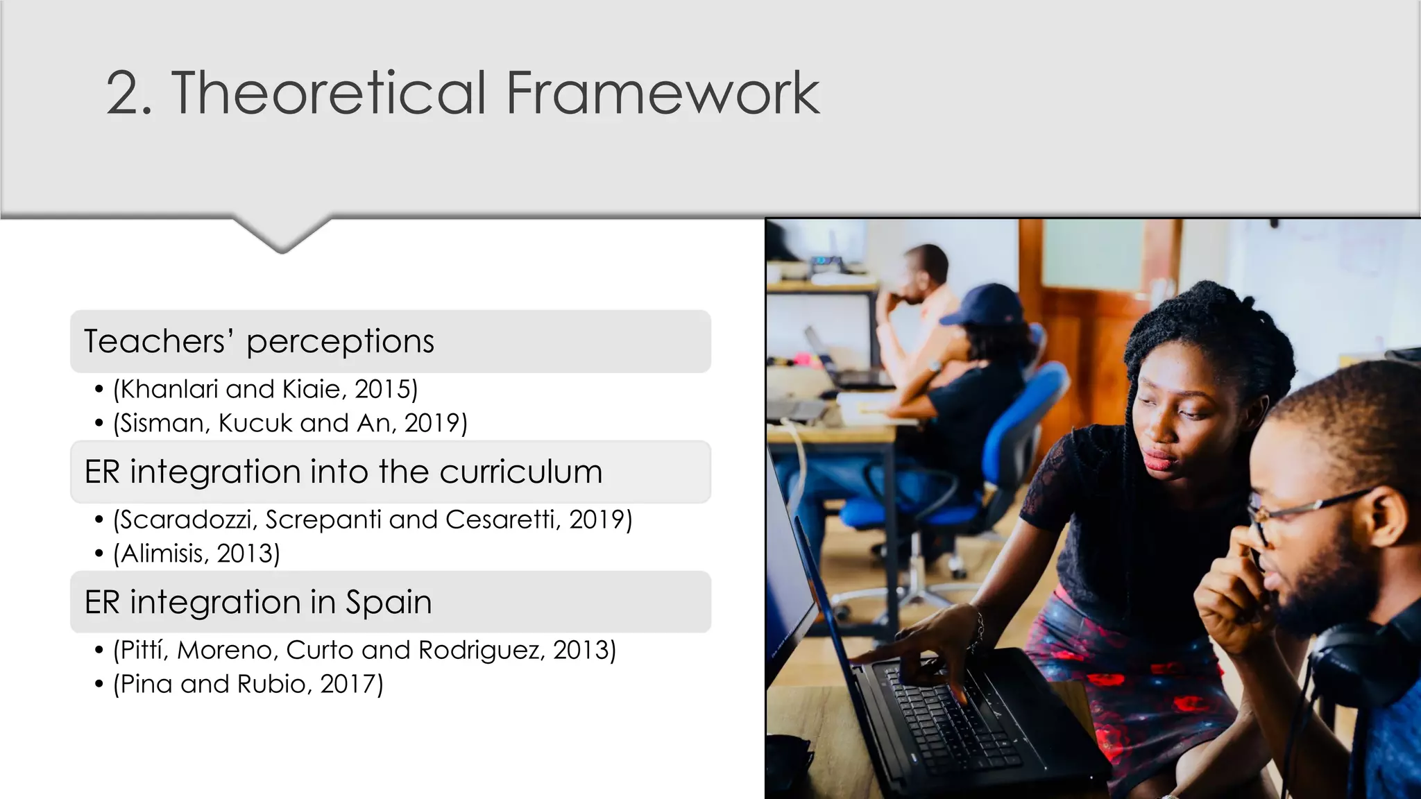 2. Theoretical Framework
Teachers’ perceptions
• (Khanlari and Kiaie, 2015)
• (Sisman, Kucuk and An, 2019)
ER integration into the curriculum
• (Scaradozzi, Screpanti and Cesaretti, 2019)
• (Alimisis, 2013)
ER integration in Spain
• (Pittí, Moreno, Curto and Rodriguez, 2013)
• (Pina and Rubio, 2017)
 
