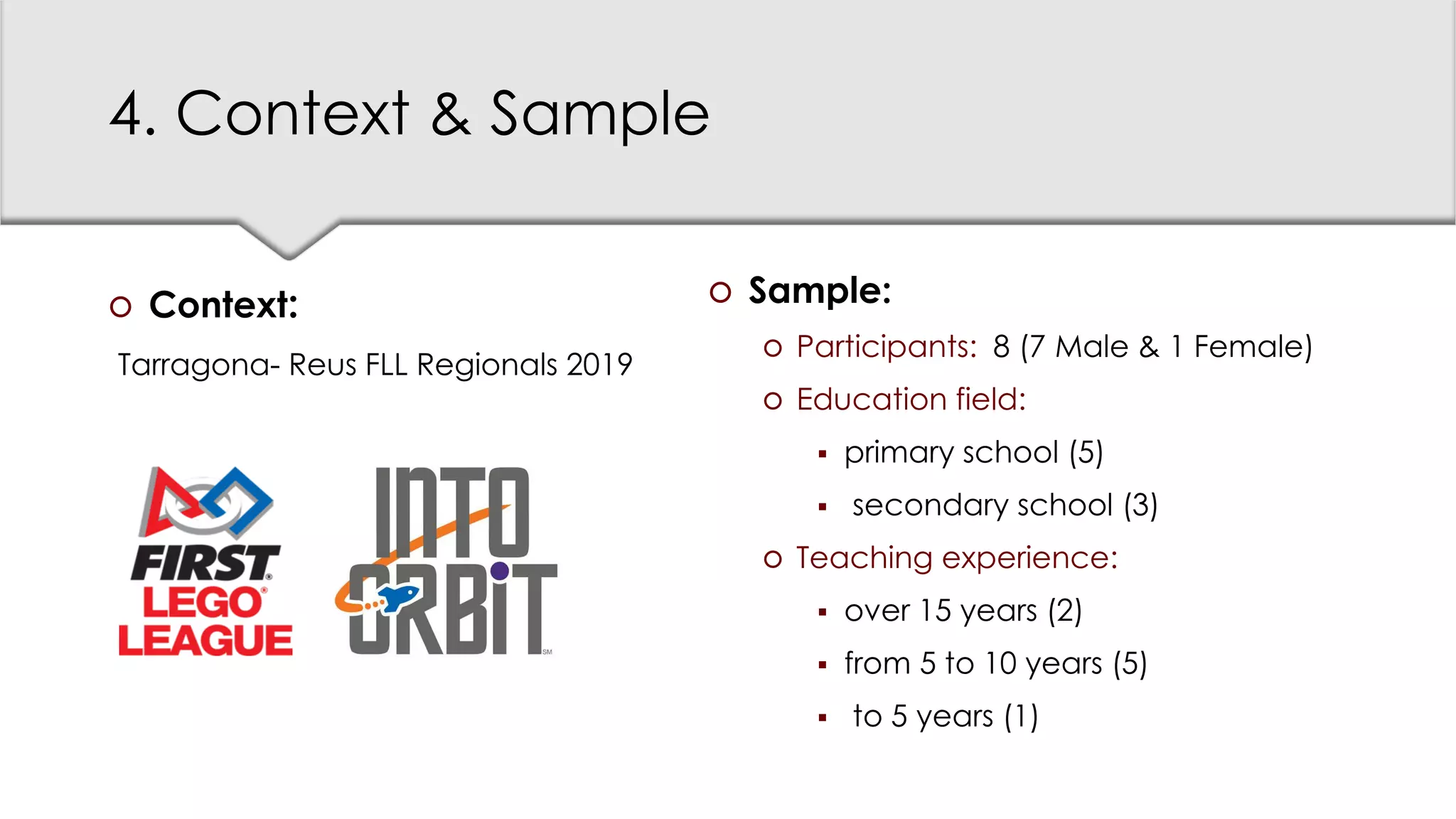 4. Context & Sample
 Context:
Tarragona- Reus FLL Regionals 2019
 Sample:
 Participants: 8 (7 Male & 1 Female)
 Education field:
▪ primary school (5)
▪ secondary school (3)
 Teaching experience:
▪ over 15 years (2)
▪ from 5 to 10 years (5)
▪ to 5 years (1)
 