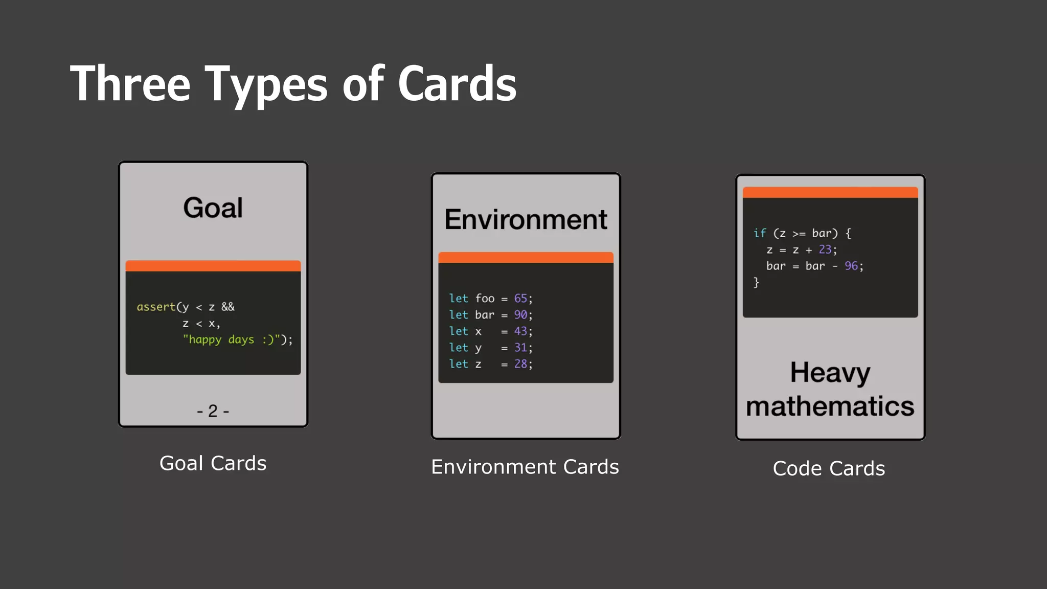 Three Types of Cards
Goal Cards Environment Cards Code Cards
 