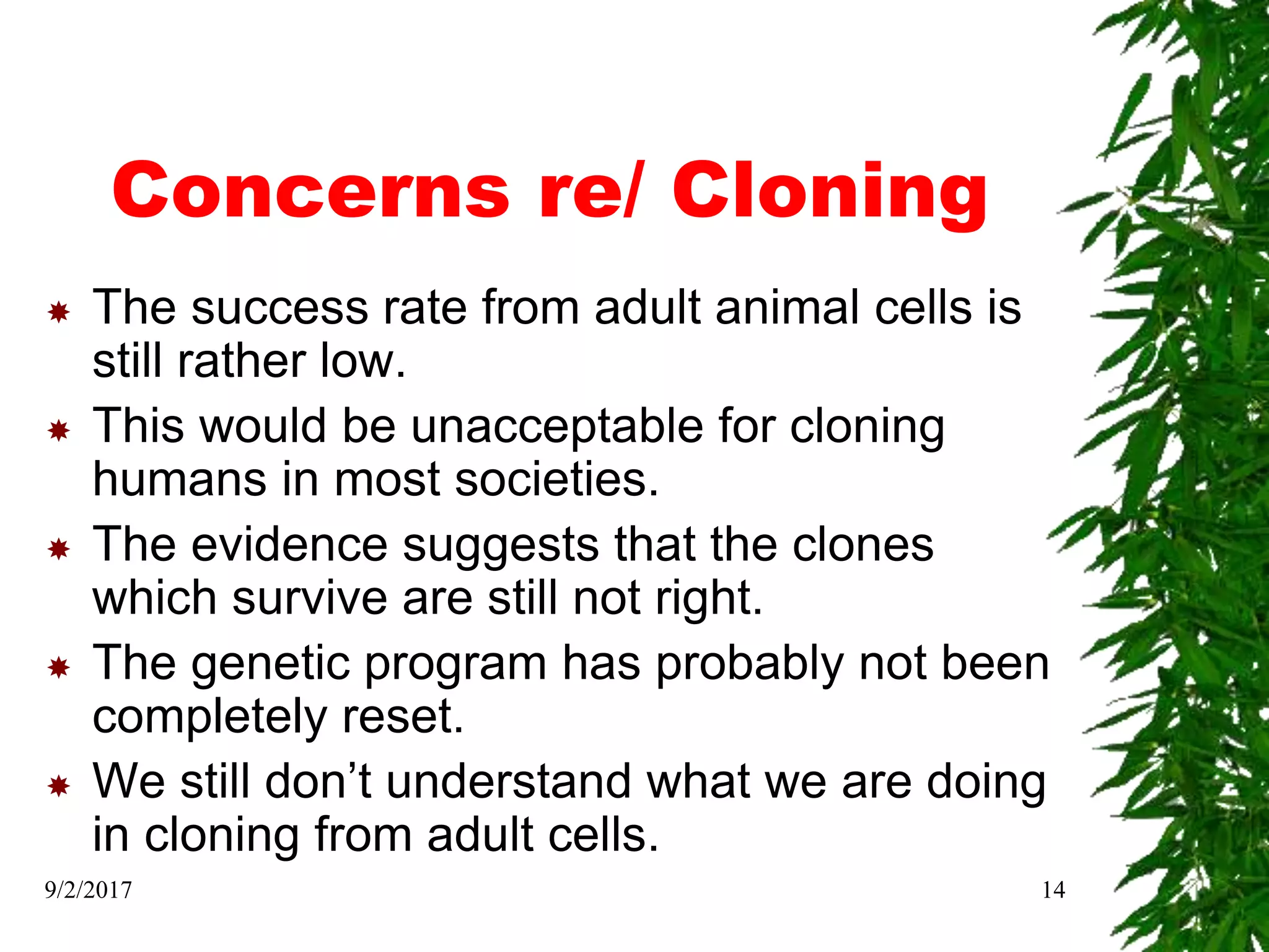 Concerns re/ Cloning
 The success rate from adult animal cells is
still rather low.
 This would be unacceptable for cloning
humans in most societies.
 The evidence suggests that the clones
which survive are still not right.
 The genetic program has probably not been
completely reset.
 We still don’t understand what we are doing
in cloning from adult cells.
9/2/2017 14
 