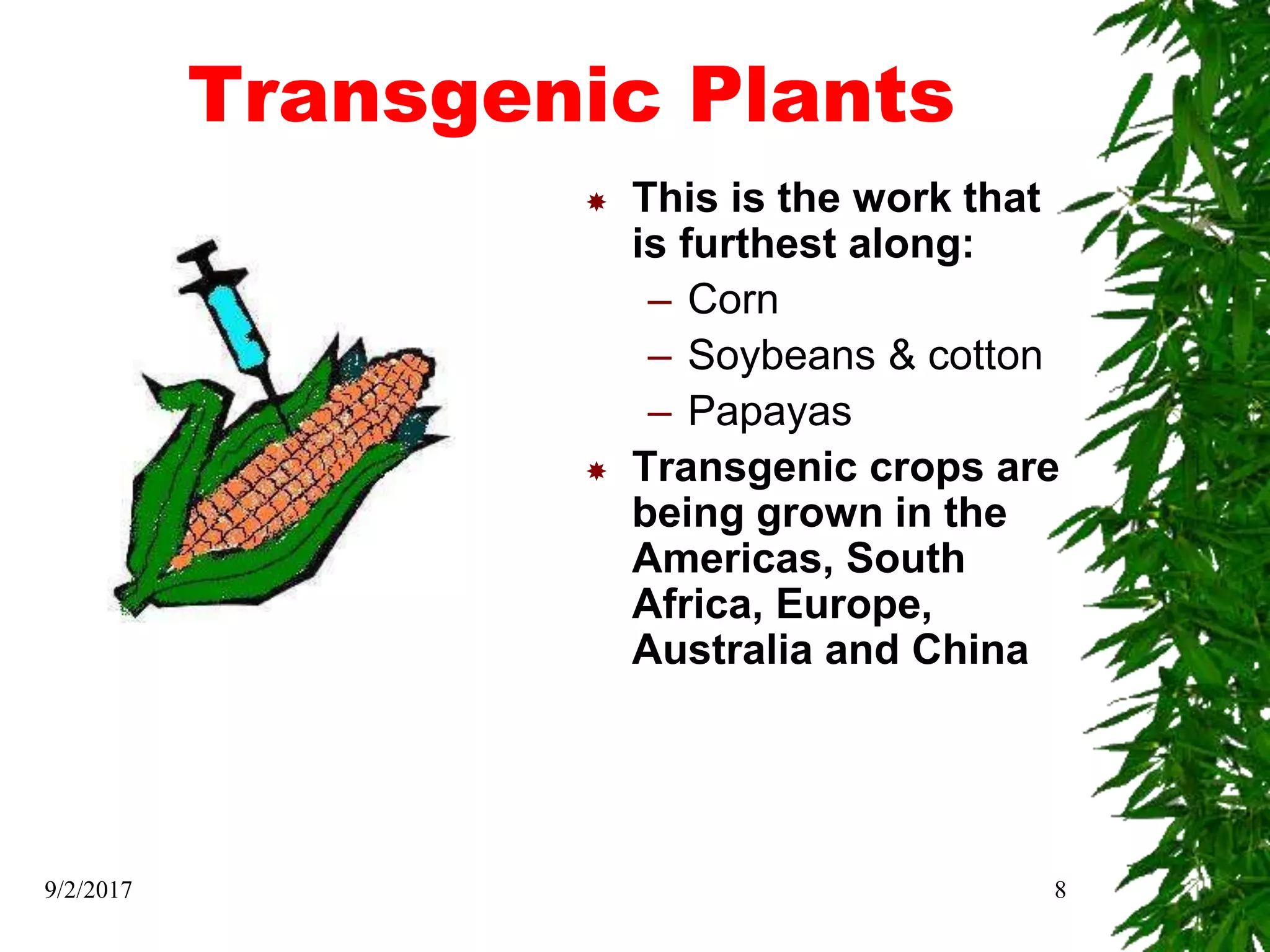 Transgenic Plants
 This is the work that
is furthest along:
– Corn
– Soybeans & cotton
– Papayas
 Transgenic crops are
being grown in the
Americas, South
Africa, Europe,
Australia and China
9/2/2017 8
 