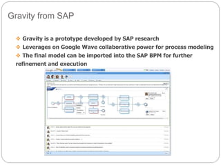 Gravity from SAP
 Gravity is a prototype developed by SAP research
 Leverages on Google Wave collaborative power for process modeling
 The final model can be imported into the SAP BPM for further
refinement and execution
 