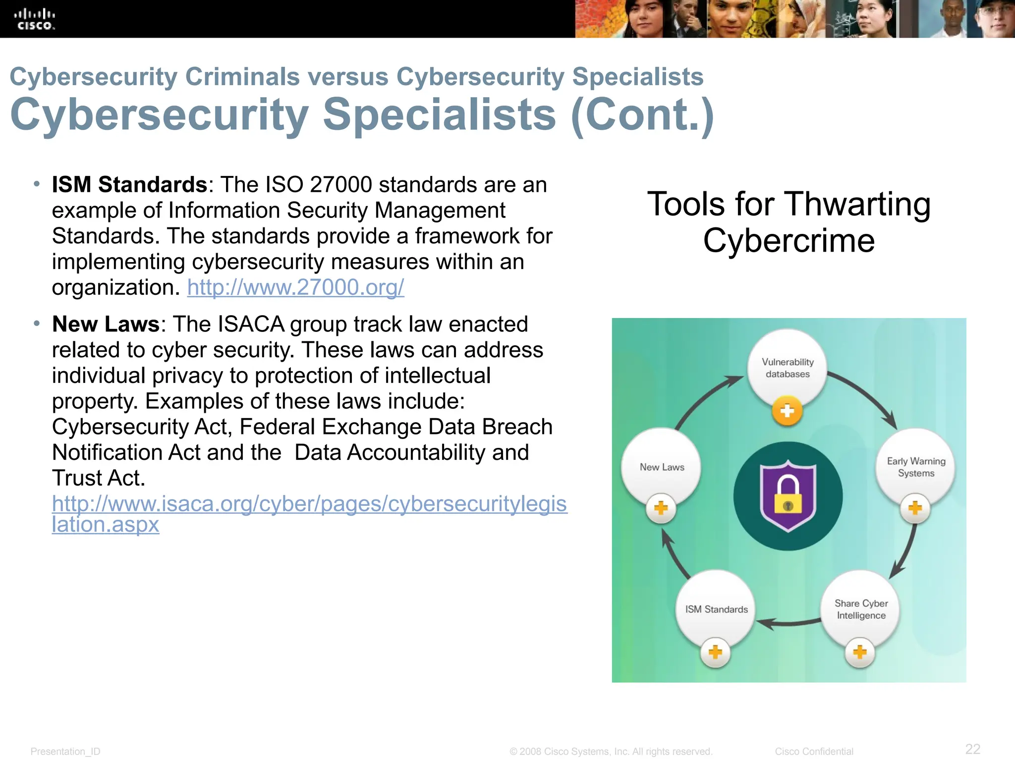 Presentation_ID 22
© 2008 Cisco Systems, Inc. All rights reserved. Cisco Confidential
• ISM Standards: The ISO 27000 standards are an
example of Information Security Management
Standards. The standards provide a framework for
implementing cybersecurity measures within an
organization. http://www.27000.org/
• New Laws: The ISACA group track law enacted
related to cyber security. These laws can address
individual privacy to protection of intellectual
property. Examples of these laws include:
Cybersecurity Act, Federal Exchange Data Breach
Notification Act and the Data Accountability and
Trust Act.
http://www.isaca.org/cyber/pages/cybersecuritylegis
lation.aspx
Tools for Thwarting
Cybercrime
Cybersecurity Criminals versus Cybersecurity Specialists
Cybersecurity Specialists (Cont.)
 