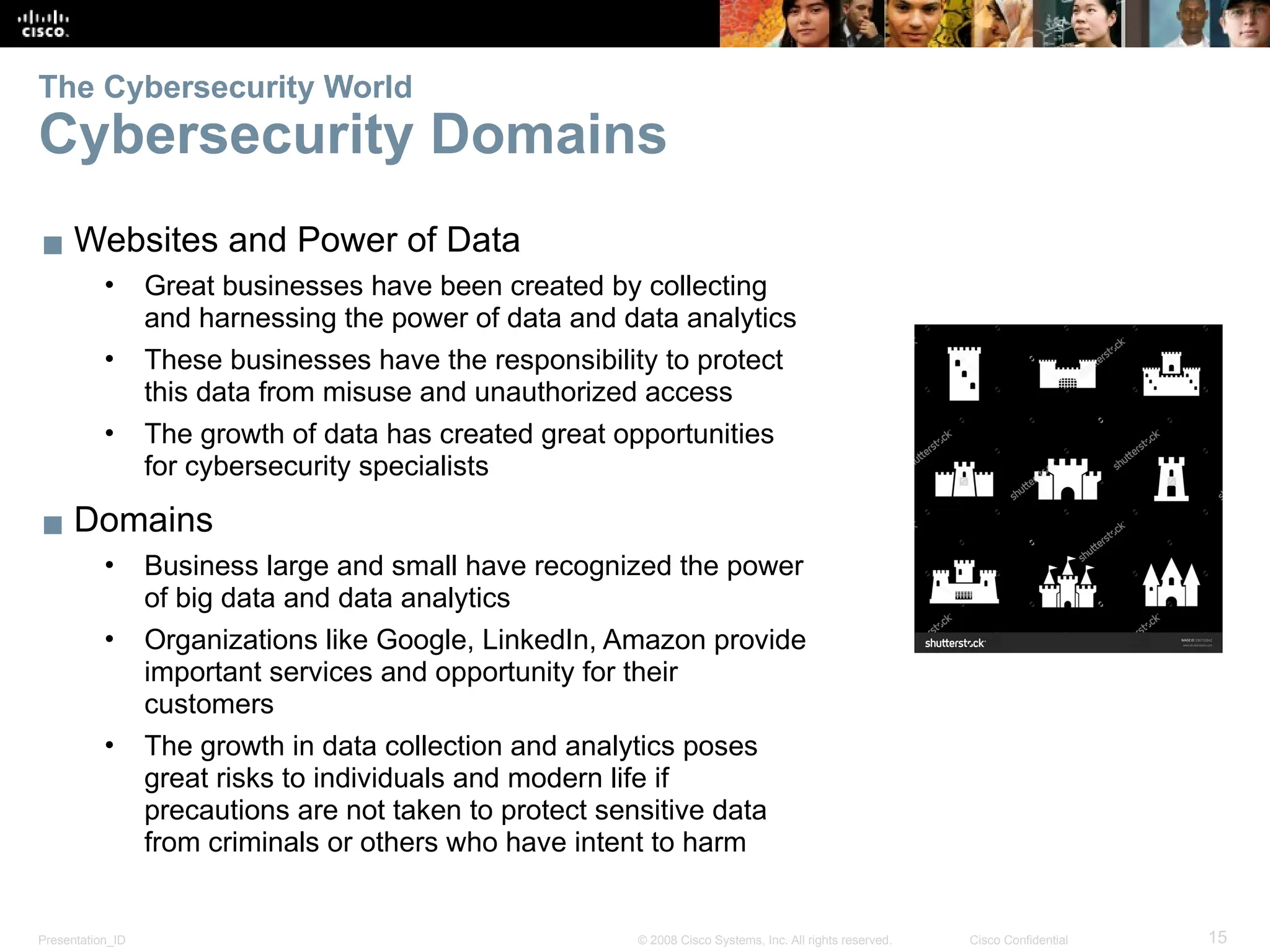 Presentation_ID 15
© 2008 Cisco Systems, Inc. All rights reserved. Cisco Confidential
The Cybersecurity World
Cybersecurity Domains
▪ Websites and Power of Data
• Great businesses have been created by collecting
and harnessing the power of data and data analytics
• These businesses have the responsibility to protect
this data from misuse and unauthorized access
• The growth of data has created great opportunities
for cybersecurity specialists
▪ Domains
• Business large and small have recognized the power
of big data and data analytics
• Organizations like Google, LinkedIn, Amazon provide
important services and opportunity for their
customers
• The growth in data collection and analytics poses
great risks to individuals and modern life if
precautions are not taken to protect sensitive data
from criminals or others who have intent to harm
 