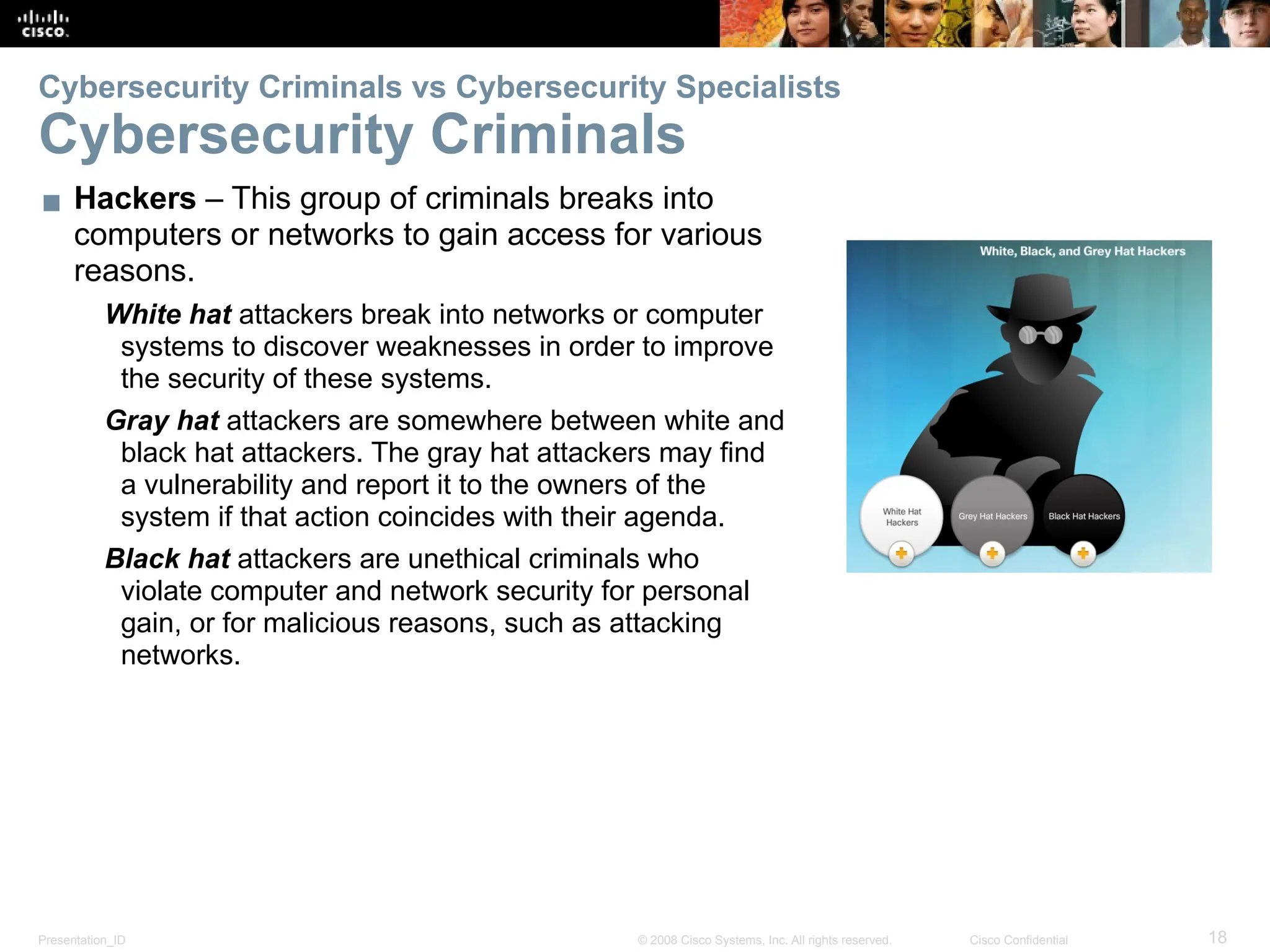Presentation_ID 18
© 2008 Cisco Systems, Inc. All rights reserved. Cisco Confidential
Cybersecurity Criminals vs Cybersecurity Specialists
Cybersecurity Criminals
▪ Hackers – This group of criminals breaks into
computers or networks to gain access for various
reasons.
White hat attackers break into networks or computer
systems to discover weaknesses in order to improve
the security of these systems.
Gray hat attackers are somewhere between white and
black hat attackers. The gray hat attackers may find
a vulnerability and report it to the owners of the
system if that action coincides with their agenda.
Black hat attackers are unethical criminals who
violate computer and network security for personal
gain, or for malicious reasons, such as attacking
networks.
 