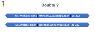 Doubts ?
Ms. Mrinalini Rana| mrinalini.22138@lpu.co.in | 25-202
Dr. Amritpal Singh | amritpal.17673@lpu.co.in | 25-202
 