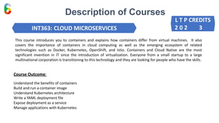 Description of Courses
INT363: CLOUD MICROSERVICES
Course Outcome:
Understand the benefits of containers
Build and run a container image
Understand Kubernetes architecture
Write a YAML deployment file
Expose deployment as a service
Manage applications with Kubernetes
This course introduces you to containers and explains how containers differ from virtual machines. It also
covers the importance of containers in cloud computing as well as the emerging ecosystem of related
technologies such as Docker, Kubernetes, OpenShift, and Istio. Containers and Cloud Native are the most
significant invention in IT since the introduction of virtualization. Everyone from a small startup to a large
multinational corporation is transitioning to this technology and they are looking for people who have the skills.
L T P CREDITS
2 0 2 3
 